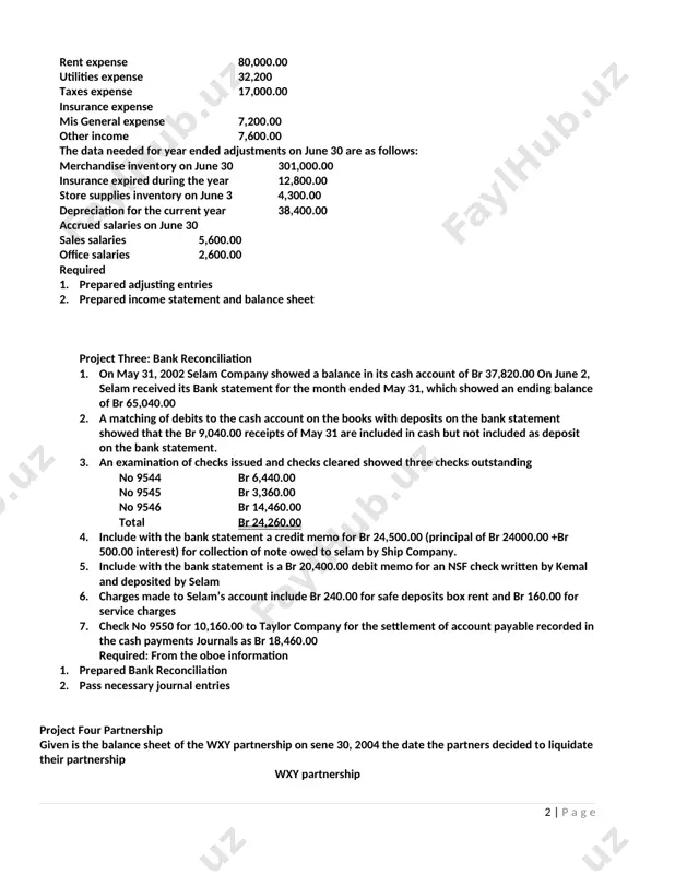 ce salaries 2,600.00 required 1. prepared adjusting entries 2. prepared income statement and balance sheet project three: bank reconciliation 1. on may 31, 2002 selam company showed a balance in its cash account of br 37,820.00 on june 2, selam received its bank statement for the month ended may 31, which showed an ending balance of br 65,040.00 2. a matching of debits to the cash account on the books with deposits on the bank statement showed that the br 9,040.00 receipts of may 31 are included in cash but not included as deposit on the bank statement. 3. an examination of checks issued and checks cleared showed three checks outstanding no 9544 br 6,440.00 no 9545 br 3,360.00 no 9546 br 14,460.00 total br 24,260.00 4. include with the bank statement a credit memo for br 24,500.00 (principal of br 24000.00 +br 500.00 interest) for collection of note owed …