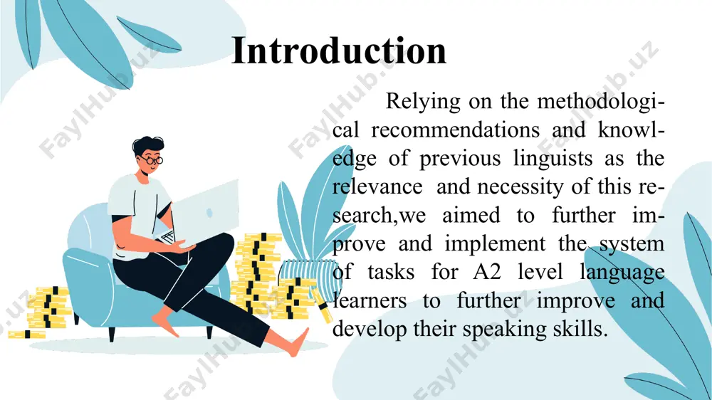 develop a plan 2.2.features of the methodological system for the development of speech skills in the process of working on it, students at a2 level. presentation template by developing speech skills for a2 level students involves a structured and interactive methodological approach. this process typically includes the following key features: 1. clear learning objectives 2. contextualized learning 3. incremental difficulty 4. interactive activities 5. authentic materials 6. pronunciation practice 7. vocabulary development 8. grammar integration 9. feedback and correction 10. use of technology 11. cultural awareness 12. assessment and evaluation chapter iii. exercises that develop speaking skills when teaching a foreign language. 3.1.types and peculiarities of exercises that develop speaking skills. presentation template by role-plays encourages empathy and perspective-taking, enhances contextual language use, and helps in practicing social interactions debates develops critical thinking, requires research and preparation, enhances persuasive speaking skills, and fosters the ability to formulate and defend opinions. …
