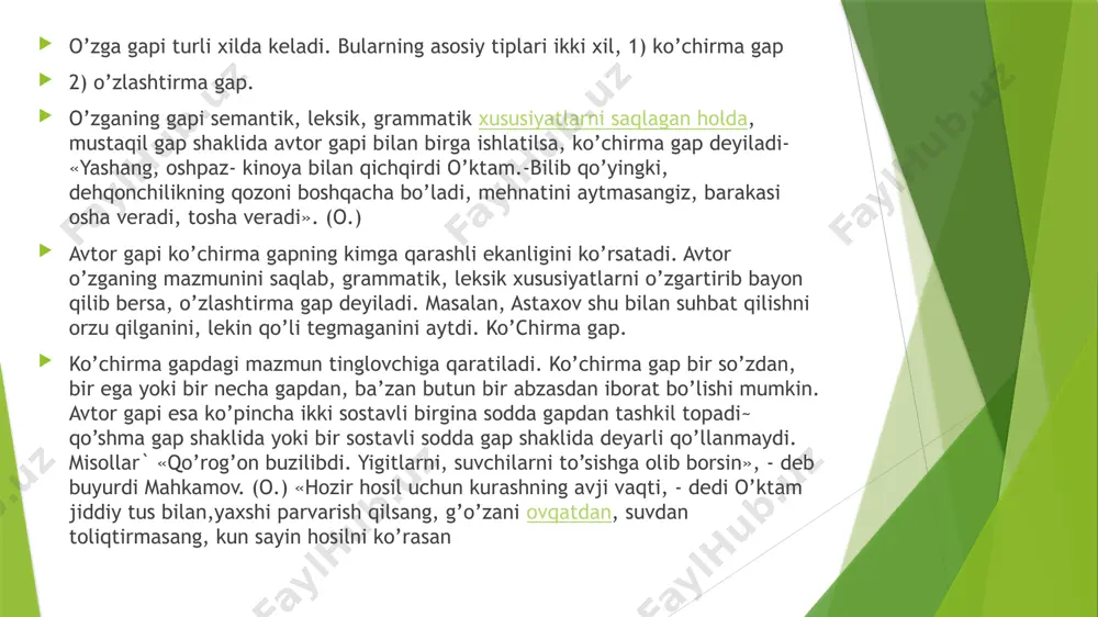 azmiy asarlar uchun xos paxta deydi kulib tovlanib «sevgan kishi meni maqtasin». (u.) dalalar salomga qo’lin cho’zadi` «marhamat qarindoshlar, aziz mehmonlar». demoq feli ko’chirma gapdan keyin joylashgan avtor gapining kesimi bo’lib kelganda, mano va funksiyasi jihatdan aytmoq, so’ramoq, gapirmoq kabi so’zlash fellariga deyarli teng bo’ladi. bunda deb bog’lavchisi emas, balki demoq mustaqil feli qatnashadi. uning manosi o’ta umumiy bo’ladi. «qalay, rais ko’zini ochdimi?»-deb so’radi qamchar. bu misollarda deb so’radi, deb buyurdi o’rnida dedi felini qo’llash, shunigdek. deb yordamchisini tushirib qoldirib, so’radi yoki buyurdi tarzida ishlatish ham mumkin` «qalay, rais ko’zini ochdimi?»-dedi ko’chirma gap avtor gapidan keyin keladi. bunda avtor gapining kesimi ko’pincha aytmoq, so’ramoq, javob bermoq, gapirmoq, demoq kabi fellar bilan ifodalanadi. avtor gapi ko’chirma gapdan oldin kelganda, undagi gap bo’laklarining tartibi odatdagicha bo’ladi. ko’chirma gap avtor gapidagi bunday, shunday kabi so’zlarning mazmunini aniqlab kelishi mumkin. bunday avtor gapining kesimi bilan bunday, shunday so’zlar orasida deb yordamchisi qo’llanadi. ko’chirma gap …