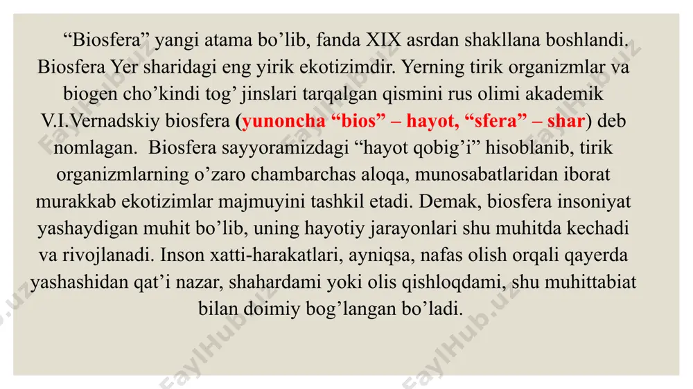 buzilishi, inqirozi, hatto biotsenozlarning butunlay yo‘qolishiga sababchi bo‘lishi mumkin. а) quyoshning bo’shliqqa elektromagnit to’lqinlari ko’rinishida tarqaluvchi nurli energiyasi quyosh radiatsiyasi energiyasining 99 %ga yaqini, 0,7-4,0 mkm uzunlikka ega bo’lgan to’lqinli nurlar tashkil etadi. shundan 48 %i to’lqin uzunligi 0,4-0,76 mkm bo’lgan spektrning ko’rinadigan qismiga, 45 %i infraqizil (to’lqin uzunligi 0,75 mkm dan 10-3 metrgacha) va 7 %ga yaqini ultrabinafsha (to’lqin uzunligi 0,4 mkm) nurlarga to‘g‘ri keladi. hayot uchun infraqizil nurlar muhim ahamiyatga ega, fotosintez jarayonida esa to’q sariq, qizil va ultrabinafsha nurlar eng muhim rol o‘ynaydilar. quyosh sistemasining uzoqdan ko‘rinishi quyosh tomonidan ishlab chiqarilgan “geliosfera”deb nomlangan magnit pufak в) yer sathining nurli energiya va nur oqimining davomiyligi hamda jadalliligi bilan belgilanuvchi jarayon yoritilganlikdir. yerning aylanishi natijasida kunduz (yorug‘lik) va kecha (qorong‘ilik) almashib turadi. yoritilganlik barcha jonzotlar uchun muhim rol o‘ynaydi. organizmlar ham fiziologik jihatdan kunduz va tunning almashinishiga, kecha-kunduzning qorong‘i va yorug‘ davriga nisbatan moslashgan. d) atmosfera havosining suv bug‘lariga …