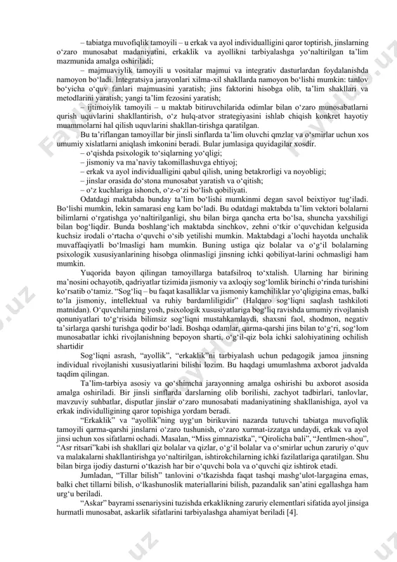yatimizda ijtimoiy-iqtisodiy o‘zgarishlarning jadal amalga oshiri-lishi, ta’lim tizimining bosqichma-bosqich isloh qilib borilishi – murakkab ijtimoiy hodisa sifatida umume’tibofli va ma’naviy qiziqishiga molik jarayonga aylandi. ta’lim tizimining umumiy maqsadi teng huquqli va demo-kratik davlat talabiga javob beruvchi jamiyat a’zolarini tarbiyalab berishdan iboratdir. demak, kasbiy faoliyatga pedagogik faollashuv yordamida inson hayotiga, shaxs tarbiyasiga, ijtimoiy munosabatlarrivojlanishiga ma’lum ta’sir ko‘rsatish mumkin. faol o‘qituvchi shaxsini shakllantiish ijtimoiy uyg‘unlashuvi esa ta’limni taraqqiy ettirishning muhim omili hisoblanadi. pedagogik faoliyatning obro‘-e’tiborini va ijtimoiy maqomini oshirish yuzasidan davlat siyosati ro‘yobga chiqariladi. ta’lim oluvchilarning va pedagog-larning o‘qishi, sog‘liga va dam olishi uchun zarur sharoitlar yaratiladi. ta’lim muassasalari va sog‘liqni saqlash organlari bolalar hamda o‘quvchi yoshlarning sog‘ligini saqlash va mustahkamlash uchun zarur choralarni ko‘radilar. o‘quv-tarbiya jarayonining sog‘lomlashtirishga qaratilgan yo‘nalishini ro‘yobga chiqarish, sog‘lom turmush tarzi normalarini joriy etish uchun sharoitlar ta’min-lanadi. ta’lim oluvchilarning tibbiy-gigiena madaniyatini oshirish, ularning jismoniy tarbiya va sport bobidagi faolligini kuchaytirish hamda jismoniy kamolot darajasini oshirish uchun tashkiliy-uslubiy yondashuvlar …