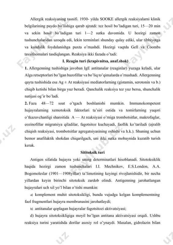 gi, bunda vujudga kelgan komplementning faol fragmentlari hujayra membranasini jarohatlaydi; b) antitanalar qoplagan hujayralar fagotsitozi aktivatsiyasi; d) hujayra sitotoksikligiga moyil bo’lgan antitana aktivatsiyasi orqali. ushbu reaksiya turini yaratishda dorilar asosiy rol o’ynaydi. masalan, gidrolazin bilan davolashdagi volchanka sindromi autoimmun gemolitik anemiya sindromi. klinikada reaksiyaning sitotoksik turi dorilarga bo’lgan allergiyaning leykotsitopeniya, gemolitik anemiya kabi ko’rinishlaridan biri bo’lishi mumkin. ushbu mexanizm organizmga autoantigenlar tushganda allergik gemotransfuzion reaksiyalar ko’rinishida namoyon bo’ladi. masalan, chaqaloqlarda kechadigan gemolitik anemiya. immun komplekslar bilan jarohatlanish ushbu turdagi jarohatlanish ar + at immun komplekslari orqali chaqiriladi. u immunkompleks yoki artyus fenomeni deb ataladi. allergen tushganda antitana vujudga kela boshlaydi (ayniqsa, igg va igm katta rol o’ynaydi). antigenlar har xil bo’lishi mumkin, shu hisobda dorilar ham, antitoksik zardoblar, ingalatsion allergenlar, oziq-ovqat mahsulotlari va b.q. ko’pgina komplekslar organizmdan fagotsitoz yo’li bilan chiqib ketadi, faqat ularning yuqori konsentratsiyalari yoki filtr organlari membranalaridagi hosilalari bo’lgan hollar bundan mustasnodir. eng ko’p shikastlovchi ta’sir eruvchi …