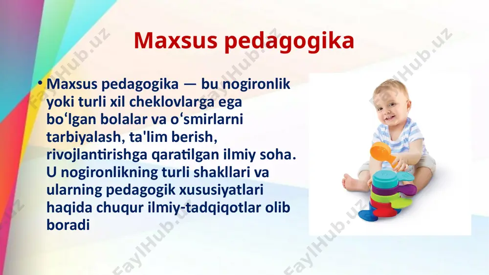 talab aniqlangan muammolarni davolash yoki yordam ko‘rsatish orqali bolaning rivojlanishini normallashtirish mumkin. alohida yordamga muxtoj bolalar toifalari 1. intelektual (aqliy) kamchiliklarga ega bolalar bu toifaga bolalar, ularning aqliy rivojlanishi yoki intellektual qobiliyatlari muayyan darajada cheklangan bo‘lganlar kiradi. aqliy orqa qolgan bolalar (oqish va o‘rganish qobiliyati kechikkan yoki cheklangan). bu bolalar ta'lim olishda qiyinchiliklarga duch kelishadi, ammo ular to‘liq mustaqil hayot kechirish uchun o‘rganishga qodir bo‘lishi mumkin. aqliy nuqsoni bo‘lgan bolalar (masalan, dauning sindromi, aqliy rivojlanishning og‘ir cheklanishi). bu bolalar jismoniy va intellektual rivojlanishdagi cheklovlarga duch keladilar va ko‘pincha maxsus yordam va pedagogik yondashuvni talab qiladi. alohida yordamga muxtoj bolalar toifalari 2. jismoniy nuqsoni bo‘lgan bolalar bu toifaga jismoniy rivojlanishida cheklovlar yoki nuqsonlar bo‘lgan bolalar kiradi. jismoniy nogironlik: o‘tkir yoki surunkali kasalliklar, jarohatlar yoki tug‘ilishdagi nuqsonlar natijasida bolaning motor faoliyati cheklangan bo‘lishi mumkin. misol uchun, harakatlar funktsiyasining cheklanishi, qo‘l va oyoqlarini harakatlantira olmaslik, yelka yoki orqa miya muammolari va boshqalar. sezgi …