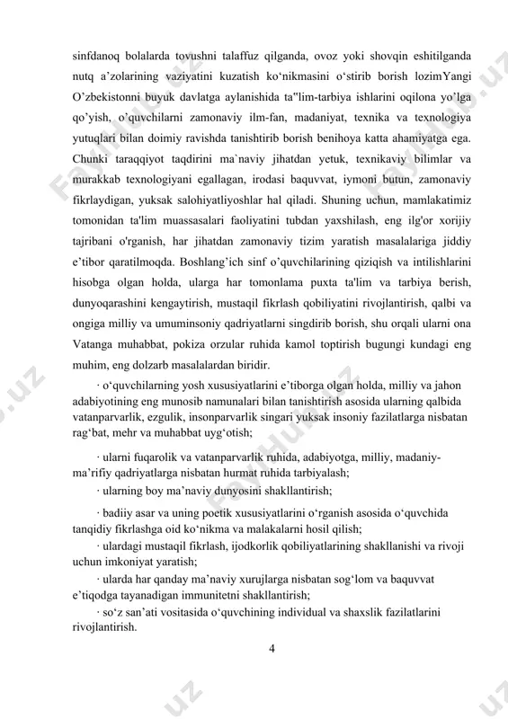 ifani quyganligi bilan ajralib turadi. zotan xalqning bir bo’ladi sanalgan bu yosh avlod sal fursat ichida voyaga yetib ulg’ayib qoladi. shuning uchun ham bu avlodga alohida e’tibor va hurmat bilan qarash lozim. bolalar uchun beriladigan har qanday badiiy asar ularning yosh xususiyatlariga, saviyalariga mos bo’lishi, ular qalbida chuqur uy-fikrlar uyg’otishi, yorqin obrazlar va yuksak g’oyalarga boy bo’lishi, ularni ulkan va porloq ishlarga ilxomlantirishi zarur. yoshlarda milliy g’urur tushunchasini shakllantirish, tarix sahnasida chaqnagan ilm-fan, ma’rifat va ma’naviyat yulduzlarining asarlarini o’rgatish va shu e’tiqod asosida tarbiyalab voyaga yetkazish muhim ishdir. boshlang`ich ta`limni takomillashtirish hozirgi kunning dolzarb vazifalaridan biri xisoblanadi. ma’lumki, boshlang’ich ta’lim fanlari orqali o’quvchilarning umuminsoniy va axloqiy ko’nikmalari, dastlabki savodxonlik malakalari shakllantiriladi. ta’lim jarayoni bolaning mantiqiy tafakkur qila olish salohiyatini, aqliy rivojlanishini dunyo qarashini, o’z-o’zini anglash, jismoniy sog’lom bo’lishga, milliy urf-odatlarni o’zida singdirishga, mamlakatimiz boyliklarini ko’z-qorachig’iday asrashga, tabiatga ongli munosabatda bo’lishga o’rgatadi. o`quvchi maktabga kelgan dastlabki kunidan boshlaboq o`qishga havas qo`yishi …