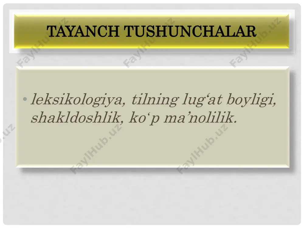 yosiy leksikologiya 4. nazariy leksikologiya 5.amaliy leksikologiya leksikologiyada tilning lug„at boyligi sistema sifatida oʻrganiladi, chunki bu boylik soʻzlar va iboralarning oddiy, meхanik yig„indisi emas, balki oʻzaro aloqada boʻlgan, birining boʻlishi ikkinchisining boʻlishini taqozo qiladigan lug„aviy birliklar va elementlar tizimidir, bu tizimdagi soʻz va elementlar yaхlit bir “organizm”ning “toʻqimalari” va “hujayralari” munosabatida boʻladi. leksikologiya: 5. fonetika-fonologiya. 1. semasiologiya. ; 2. onomasiologiya. 3. etimologiya. 4. frazeologiya. [image info] www.wizdata.co.kr - note to customers : this image has been licensed to be used within this powerpoint template only. you may not extract the image for any other use. 6. grammatika leksikologiya: 11. nutq madaniyati. 7. dialektologiya. ; 8. uslubshunoslik. 9. bmlt 10. sotsiolingvistika. [image info] www.wizdata.co.kr - note to customers : this image has been licensed to be used within this powerpoint template only. you may not extract the image for any other use. 1. leksemaning mazmun jihati (semantik tarkibi)da ikki hodisa farqlanadi: …