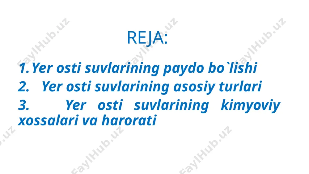 va sunʼiy (suv omborlari, sugʻorish inshootlari, kanalizatsiya va h. k.) sabablarga koʻra oʻzgarib turadi. gurunt suvlari gurunt suvlar daryo vodiylaridagi allyuvial yotqiziqlar (qum, qumtuproq, shagʻal) hamda muzliklarning surilishi natijasida yotqizilgan togʻ jinslari va sahrolardagi dyun yotqiziqlari gʻovaklarini toʻldirib turadi. shahar va sanoatni toza suv bilan taʼminlashda g.s goho asosiy manba boʻlib xizmat qiladi. oʻzbekiston hududida g.s.ning paydo boʻlishi, tarqalishi va ularni qidirish hamda ishlatish uslublari gʻ.o.mavlonov, o.k.lange, n.a.kenesarin, u.m.ahmedsafin va boshqalar tomonidan ishlab chiqilgan. artezian suvlari artezian suvlari – bosim ta’sirida boʻlgan yer osti suvlarining bir turi, suv oʻtkazmaydigan qatlamlar oraligʻida hosil boʻladi, ular ochilganda suv burgʻi quduqlardan fontan shaklida otilib chiqadi. artezian suvlari yevropada birinchi marta fransiyaning artua (lot. artesium) provinsiyasida ochilgani uchun shu nomni olgan. bunday quduqlar xitoy va misrda juda qadimdan ma’lum edi. oʻrta osiyoning sugʻoriladigan zonasi turon pasttekisligi artezian havzalari tizimiga kiradi, uning tarkibida sirdaryo va amudaryo guruhlariga boʻlinadigan nisbatan kichik bir qancha havzalar bor. artezian …