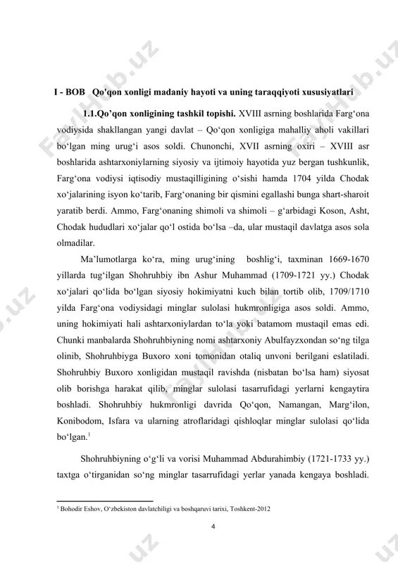 etib jo‘natildi hamda taxtga abdurahimbiyning ikkinchi o‘g‘li erdonabiy o‘tirdi. 1753 yilda qalmoqlarning tazyiqi va talabi bilan ularning qo‘lida garov sifatida ushlab turilgan bobobek xonlik taxtiga ko‘tarildi. lekin, oradan bir yil ham o‘tmay o‘ratepa yurishi vaqtida bobobek beshariqda o‘ldirildi hamda erdonabiy (1755-1769 yy.) qayta qo‘qon taxtini egalladi. xitoylik geograflarning ma’lumotlariga ko‘ra, uning hukmronligi davrida, 1759-1760 yillarda farg‘ona to‘rtta mulk: andijon, namangan, marg‘ilon va qo‘qonga bo‘lingan bo‘lib, ular ichida qo‘qon yetakchilik qilgan. erdonabiydan so‘ng taxtga shohruhbiyning uchinchi o‘g‘li shodibekning farzandi sulaymonbek o‘tiradi. uning taxni egallashida urug‘ oqsoqollarining ko‘magi katta bo‘lgan bo‘lsa-da u atigi 6 oy hukmdorlik qildi.[footnoteref:4] [4: azamat ziyo. o`zbek davlatchiligi tarixi. t., ―sharq, 2000.] 1770 yilda qo‘qon taxtiga abdurahmonbiyning o‘g‘li norbo‘tabiy (1770-1801 yy.) o‘tiradi. norbutabiy markaziy hikimiyatni mustahkamlashda, bo‘ysunmas hokimlar qarshiligini bostirishda nisbatan muvaffaqiyat qozonadi. u chust va namangandagi g‘alayonlarni bostirganidan so‘ng, bu shaharlarga o‘z odamlarini hokim etib tayinlaydi. norbutabiy bir qancha urinishlardan so‘ng andijon, o‘sh, xo‘jand va yaqin atrofdagi …