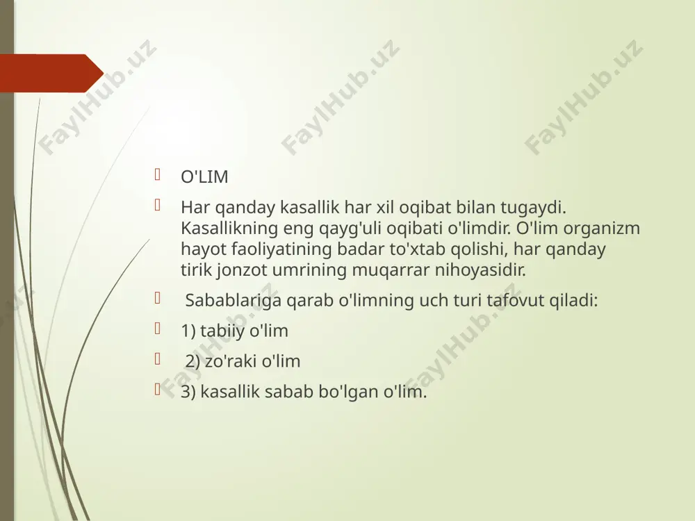 nutgacha) davom etib boradigan, o'lish hodisasini hali qaytarsa bo'ladigan bosqichidir. uning qaytuvchanligi asosan bosh miya neyronlarining gipoksiyadan nechog'lik ko'p yoki kam zararlanganiga bog'liq. klinik o'lim oldidan predagonal holat bo'lib o'tadi (arterial bosim asta-sekin pasayib borib, odamning es-hushi va miyasining elektr faolligi so'na boshlaydi, yurak ishining maromi o'zgarib, yurak to'xtab ham qoladi asistoliya ro'y beradi). bunday holat jon taslim qilish, ya'ni o'lim talvasasi, agoniya holatiga o'tadi, agoniya holati organizm reaktiv va moslashtiruvchi funksiyalarining so'nggi ko'rinishi bo'lib hisoblanadi. biologik o'lim hujayra va to'qimalardagi barcha fiziologik jarayonlarning qaytmaydigan bo'lib, badar to'xtab qolishidir. bunda jonlantirish, ya'ni reanimatsiya maqsadida ko'riladigan chora-tadbirlar nafsiz, behuda bo'lib qolaveradi. shuni aytib ketish kerakki, biologik o'lim avvalo markaziy nerv sistemasining o'limidir, chunki u gipoksiyaga hammadan ko'ra ko'prok sezgir bo'ladi. yurak ancha kech o'ladi, shunga ko'ra o'limdan keyin, hattoki 20 soatdan so'ng jasaddan ajratib olinsa ham, sun'iy sharoitlarda u o'z faoliyatini tiklab, asliga keltirishi mumkin. biriktiruvchi to'qima hammadan keyin halok bo'ladi. …