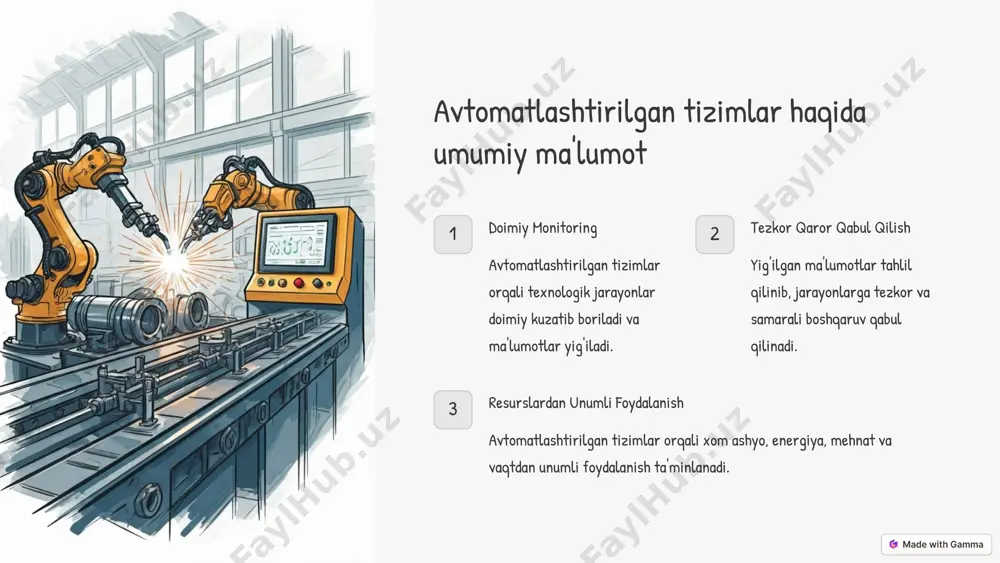 samarali. avtomatlashtirilgan tizimlarni diskret boshqariv tizimlarida qo'llash uchun dasturiy ta'minot plcs dasturiy platformalar va dasturiy ta'minot yordamida. scada doimiy monitoring, ma'lumotlarni yig'ish va nazorat uchun. hmi operatorlar tomonidan tizimlarni boshqarish uchun. avtomatlashtirilgan tizimlarni diskret boshqariv tizimlarida qo'llash uchun talablar uyg'unlik avtomatlashtirilgan va diskret boshqaruv tizimlarining uyg'unligi muhim. masshtablanish tizimlar yangi talablarga va o'suvga moslashuvchan bo'lishi kerak. xavfsizlik tizimlarning xavfsizligi va ishonchliligini ta'minlash zarur. avtomatlashtirilgan tizimlarni diskret boshqariv tizimlarida qo'llashning muammolari va ularni hal qilish integratsiya ikkala tizimning to'liq integratsiyasini ta'minlash qiyin bo'lishi mumkin. ma'lumotlarni boshqarish kattalashib borayotgan ma'lumotlarni samarali boshqarish zarur. kadrlar tayyorlash tizimlarni o'rnatish va boshqarish uchun zarur ko'nikmalarni rivojlantirish muhim. avtomatlashtirilgan tizimlarni diskret boshqariv tizimlarida qo'llashning kelajagi 1 suniy intellekt suniy intellekt texnologiyalari tizimlarning optimallashtirilgan qarorlar qabul qilishiga yordam beradi. 2 buyumlar interneti buyumlar interneti orqali tizimlar orasida yaxshiroq ingtegratsiya va monitoring ta'minlanadi. 3 bulutli hisoblash bulutli hisoblash texnologiyalari tizimlarni masshtablashtirish va ma'lumotlarni saqlash imkonini beradi. xulosalar va …