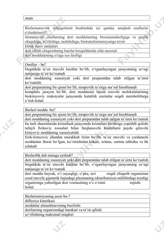 gan ta’sirni ko‘rsatish bu turli sharoitlarida kristallash jarayonida kristallari bir-biriga yopishib qolishi tufayli fizikaviy xossalari bilan farqlanuvchi kristallarni paydo qiluvchi kimyoviy moddaning xususiyatidir fizik-kimyoviy jihatdan murakkab tizim bo‘lib, ta’sir etuvchi va yordamchi moddadan iborat bo‘lgan, ko‘rinishidan kukun, eritma, surtma tabletka va hk eslatadi biofaollik deb nimaga aytiladi? dori moddaning xususiyati yoki dori preparatdan talab etilgan ta’sirni ko‘rsatish birgalikda ta’sir etuvchi kuchlar bo‘lib, o‘rganilayotgan jarayonning so‘ngi natijasiga ta’sir ko‘rsatadi dori modda buyrak, o‘t suyuqligi, o‘pka, teri orqali chiqarib organizmni ozod etuvchi gipotetik hajmdagi plazmaning (distributsiya) millilitrdagi tozaligi organizmga yuborilgan dori vositasining o‘z o‘rnini topishi holati biofarmatsiyaning asosi bu-? diffuziya kinetikasi moddalar almashinuvining buzilishi dorilarning organizmdagi harakati va ta’sir qilishi so’rilishning maksimal miqdori o‘zbekiston respublikasida klinik sinovlarga ruxsat beradi? sog'liqni saqlash vazirligining farmakologiya qo'mitasi jahon sog‘liqni saqlash tashkiloti litsenziyalash komissiyasi axloqiy komissiya biofarmatsiya qanday fan? organizmga dori preparatini terapevtik ta’sirini turli omillarga (farmatsevtik, biologik va hk) bog‘liqligini o‘rganuvchi fan (lot "dorini siljitmoq" …