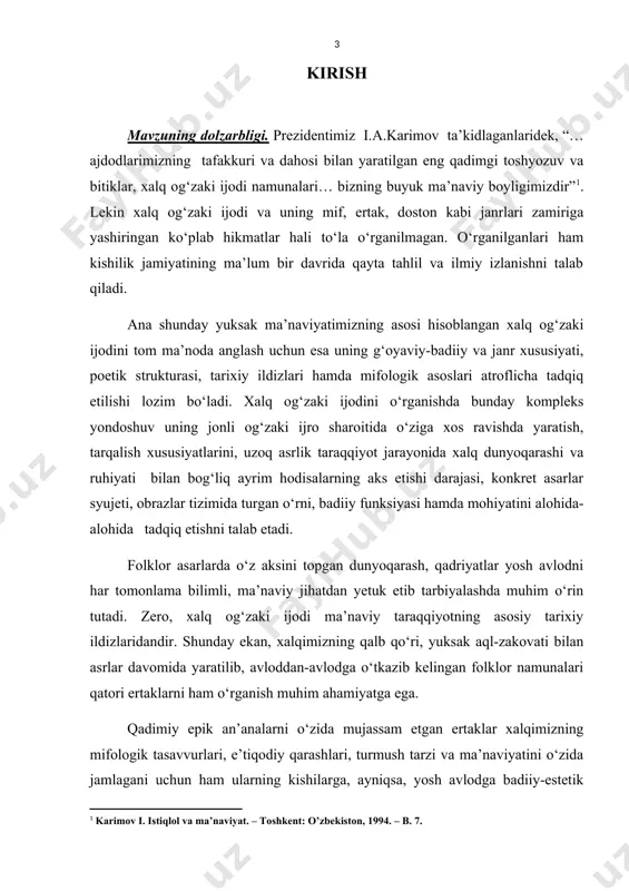 ega qush obrazlarining genezisini qadimgi mifologik tasavvurlar, ibtidoiy diniy tushunchalar hisoblanadigan fetishizm, animizm, totemizm jarayoni bilan bog‘lab tadqiq qilish; —mifik asosga ega qush obrazlarini jonlantirishdagi, ularga badiiy funksiya yuklashdagi xalq badiiy tafakkurining ijodiy yo‘lini o‘rganish; —ertaklarda uydirmalardan foydalanishning epik qonuniyatlari va bunga asos bo‘lgan badiiy estetik omillarni ilmiy jihatdan ochib berishga harakat qilamiz tadqiqotning ilmiy yangiligi. o‘zbek xalq poetik ijodida ertak janri va uning xususiyatlari keng o‘rganilganligi yuqorida e’tirof etildi. biz mazkur bitiruv malakaviy ishimizda ertak janridagi mifiklik va uning kelib chiqish ildizlarini baholi qudrat o‘rgandik.hamda ertaklarda uchrovchi qush obrazlarining o‘ziga xos mifik xususiyatlarini tahlil qidik. bu esa ishimizning o‘ziga xos yangilishini belgilaydi. tadqiqot metodologiyasi va usuli. o’zbekiston respublikasi rezdenti i.karimovning ma’naviy qagriyatlar, milliy mafkura va madaniy meros haqidagi nazariy qarashlar mazkur ishimizning metodologik asosini tashkil etadi. bitiruv malakaviy ishni yozishda ertak janri va uning o‘ziga xos xususiyatlari haqida folklorshunos olimlarning ilmiy ishlariga tayandik mavzuning o‘rganilish darajasi. ilk tajribalar xix …