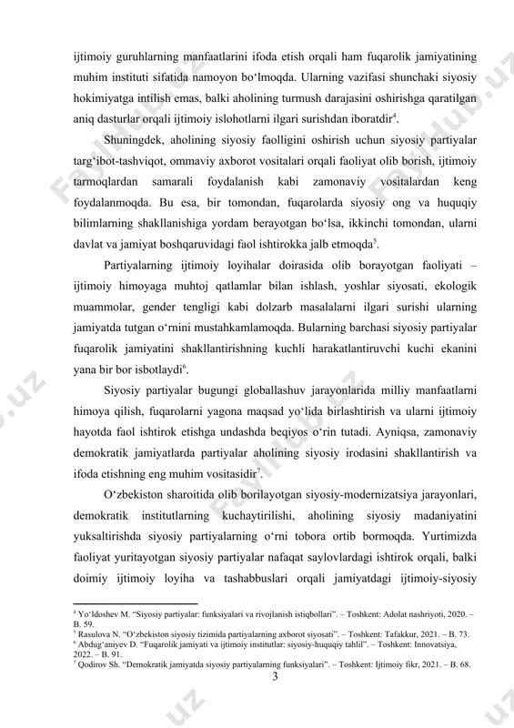 n keng foydalanmoqda. bu esa, bir tomondan, fuqarolarda siyosiy ong va huquqiy bilimlarning shakllanishiga yordam berayotgan bo‘lsa, ikkinchi tomondan, ularni davlat va jamiyat boshqaruvidagi faol ishtirokka jalb etmoqda[footnoteref:5]. [5: rasulova n. “o‘zbekiston siyosiy tizimida partiyalarning axborot siyosati”. – toshkent: tafakkur, 2021. – b. 73.] partiyalarning ijtimoiy loyihalar doirasida olib borayotgan faoliyati – ijtimoiy himoyaga muhtoj qatlamlar bilan ishlash, yoshlar siyosati, ekologik muammolar, gender tengligi kabi dolzarb masalalarni ilgari surishi ularning jamiyatda tutgan o‘rnini mustahkamlamoqda. bularning barchasi siyosiy partiyalar fuqarolik jamiyatini shakllantirishning kuchli harakatlantiruvchi kuchi ekanini yana bir bor isbotlaydi[footnoteref:6]. [6: abdug‘aniyev d. “fuqarolik jamiyati va ijtimoiy institutlar: siyosiy-huquqiy tahlil”. – toshkent: innovatsiya, 2022. – b. 91.] siyosiy partiyalar bugungi globallashuv jarayonlarida milliy manfaatlarni himoya qilish, fuqarolarni yagona maqsad yo‘lida birlashtirish va ularni ijtimoiy hayotda faol ishtirok etishga undashda beqiyos o‘rin tutadi. ayniqsa, zamonaviy demokratik jamiyatlarda partiyalar aholining siyosiy irodasini shakllantirish va ifoda etishning eng muhim vositasidir[footnoteref:7]. [7: qodirov sh. “demokratik …