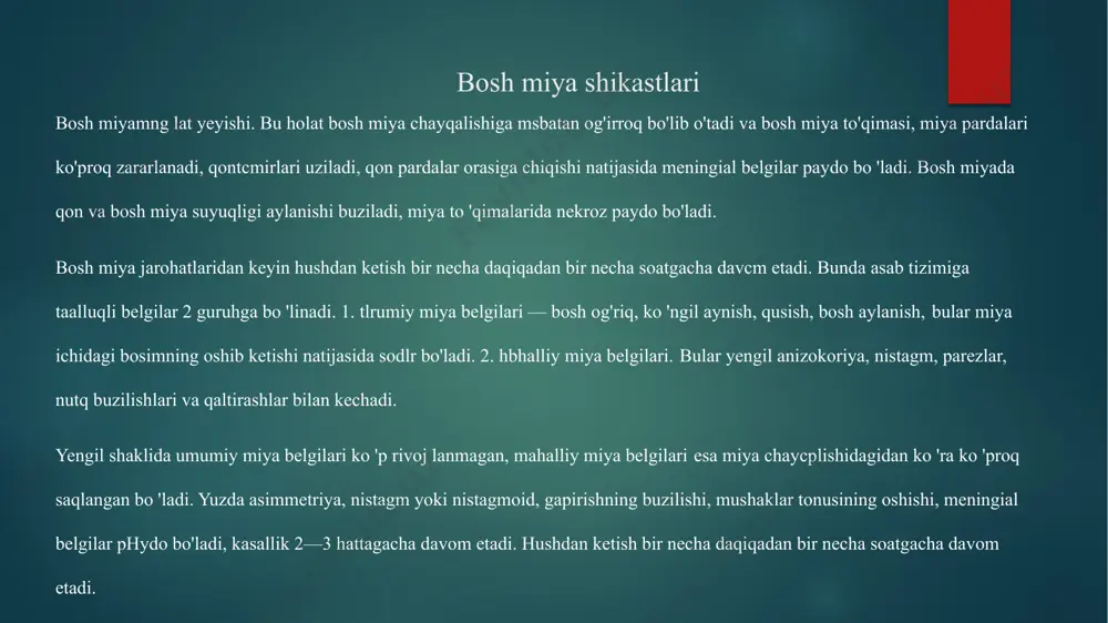 ismida joylashadi. bunda umumiy miya belgilari — qusish, bosh og'riq bilan birga mahalliy miya belgilar — bemorda tutqanoq va keyinchalik gemiparez yoki gemiplegiya (bular hamma vacrt qarama-qarshi tomonda) kuzatiladi. bosh miya shikastlari subaraxnoidal — pardalar orasiga qon quyilish. bemorlar qattiq bosh og'riq, qusish, bezovtalik, urrumiy qo'zg'alish, gallutsinatsiya, yorug'likdan va shovqindan bezovta bo'ladilar. bunda hamma meningial belgilar paydo bo'ladi. orqa miya punksiya qilinganda suyuqlikning katta bosim bilan chiqlshi, rangi qlzil bo'lishi kuzatilib, shunga cprab tashxis q^'yiladi. tashxis qo'yishda: eeg, exo, kompyuter tomografiya va kalla suyagini ikki torondan nentgenografiya qilish tavsiya etiladi. bunda gipertenziya belgilari, turk egarining silliqlanishi, barrnoq izlarini rentgenografiyada ko 'rishimiz mumkin. bosh miyada qon quyilishi bo'isa, lumbal punksiya tavsiya etiladi. ko'z tubida bir haftada qontomirlarning kengayishi, keyinchalik dimlanishi paydo bo'ladi. yopiq bosh miya shikastlari harrma vaqt o 'zidan asorat qoldiradi. bular turli xil bo'ladi: shikastdan keyingi ensefalopatiya, shikastdan keyingi leptcmeningit. astenonevrotik ko'rinishdagi bemorlarda bosh og'riq, bosh aylanish, sababsiz yig'lash, …