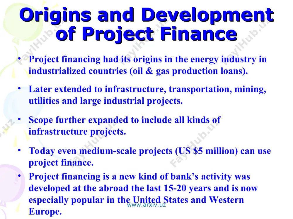 aka" and "pakhtabank" are trying to carry out project finance, but in most instances is complicated by the following: - require quite a large investment on a long term basis, which can only afford a few of banks; - low investment attractiveness of economic subjects or projects; - the bankruptcy of many large enterprises. www.arxiv.uz www.arxiv.uz conclusion project financing is characterized by a particular way of financial and economic support for the project, which is based on receipt of confirmation of the reality of the planned cash flows discounted by identifying project-related most important and significant of risks and their main part between sponsors, lenders, contractors, suppliers of material resources and other participants . in project financing basic software provides banks loans is the project itself, that is, income that will create or reconstructed company in the future. www.arxiv.uz www.arxiv.uz thank you for your attention! www.arxiv.uz www.arxiv.uz