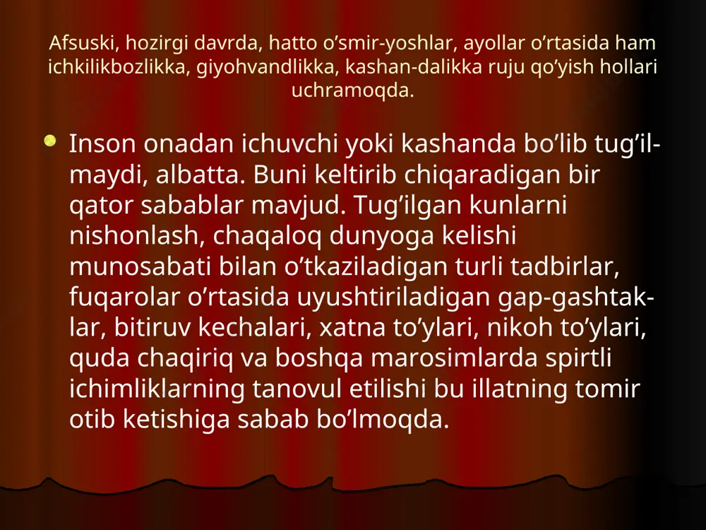 iga yetmay o’lgan, 5 nafarida tutqanoq kasali bo’lgan, 5 nafarining bosh miyasida suv yig’ilgan, 12 nafari aqli zaif bo’lgan, faqat 10 bolagina sog’lom tug’ilgan. tutqanoq kasali bilan og’rigan har 100 boladan 60 nafarining ota-onasi ashaddiy aroqxo’r blganlar. iclikilik turli jinoyatlarning onasidir. dalillarga murojaat qilinsa, 70 foizga yaqin qotillik, 80-90 foiz bezorilik asosan mastlikda ro’y beradi. agar fuqarolar tomonidan spirtli ichimliklarni iste'mol qilish 35 foizga kamaytirilsa, qotillik kamida 40 foizga, bezorilik 25 foizga kamayishi aniqlangan. 100 gramm aroq ichish kishi jismidagi faol ishlayotgan 7500 to’qimani yo’q qiladi. 75 gramm aroq iste'mol qilingandan so’ng mushaklarning kuchi 20 dan 40 foizgacha kamayadi. bu esa o’z-o’zidan mehnat unumdorligining pasayishiga olib keladi. 25 foizga yaqin aroqxo’rlar mastlik paytida o’zini o’zi o’ldirishni o’ylaydi. 100 gramm spirtli ichimlik sportchini ikki haftaga ishdan chiqaradi. spirtli ichimliklar ichish, chekish, ayniqsa, ayollar va yosh bolalarga kuchli va tez ta'sir etadi. ayol kishi bir-ikki yil mobaynidayoq alkogolga o’rganib qoladi. 13-14 yoshli …