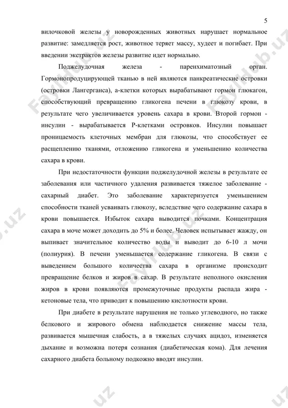 нию гликогена и уменьшению количества сахара в крови. при недостаточности функции поджелудочной железы в результате ее заболевания или частичного удаления развивается тяжелое заболевание - сахарный диабет. это заболевание характеризуется уменьшением способности тканей усваивать глюкозу, вследствие чего содержание сахара в крови повышается. избыток сахара выводится почками. концентрация сахара в моче может доходить до 5% и более. человек испытывает жажду, он выпивает значительное количество воды и выводит до 6-10 л мочи (полиурия). в печени уменьшается содержание гликогена. в связи с выведением большого количества сахара в организме происходит превращение белков и жиров в сахар. в результате неполного окисления жиров в крови появляются промежуточные продукты распада жира - кетоновые тела, что приводит к повышению кислотности крови. при диабете в результате нарушения не только углеводного, но также белкового и жирового обмена наблюдается снижение массы тела, развивается мышечная слабость, а в тяжелых случаях ацидоз, изменяется дыхание и возможна потеря сознания (диабетическая кома). для лечения сахарного диабета …
