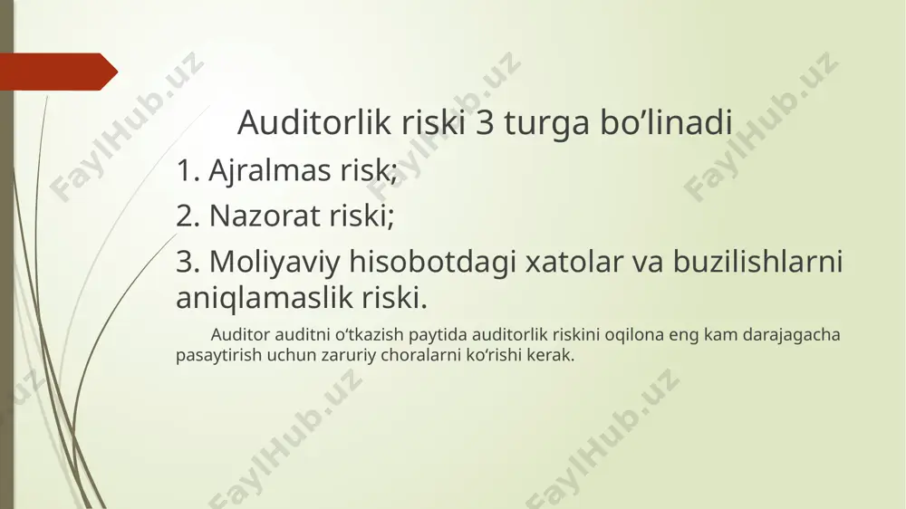 lishi kerak. nazorat riskini baholash natijalarini auditor auditning umumiy rejasida aks ettirishi kerak. aniqlamaslik riski aniqlamaslik riski auditor tomonidan subyektiv ravishda aniqlanadigan ehtimollik bo‘lib, auditor tekshiruv davomida qo‘llaydigan auditorlik tartib-taomillari buxgalteriya hisobi va moliyaviy hisobotda haqiqatda mavjud bo‘lgan, alohida olinganda yoki umumiy holatda muhim xarakterga ega bo‘lgan xatolar va buzilishlarni aniqlash imkonini bermasligini ifodalaydi. aniqlamaslik riski auditor ishi sifatining ko‘rsatkichi bo‘lib, auditor malakasiga va o‘tkazilayotgan auditorlik tekshiruvining xususiyatlariga bog‘liqdir. auditor, ajralmas va nazorat risklarini baholash asosida o‘z ishida yo‘l qo‘yiladigan aniqlamaslik riskini aniqlashi va aniqlamaslik riskini iloji boricha kamaytirishni hisobga olgan holda tegishli auditorlik tartib-taomillarini rejalashtirishi shart. aniqlamaslik riski bilan ajralmas va nazorat risklarining kombinatsiyalashgan darajasi o‘rtasida teskari aloqa mavjud: agar ajralmas va nazorat risklari yuqori bo‘lsa, u holda auditorlik riskini maqbul darajaga qadar kamaytirish uchun aniqlamaslik riski yetarlicha past bo‘lishi kerak. agar ajralmas va nazorat risklari past bo‘lsa, u holda auditor aniqlamaslik riskini ancha yuqori belgilashi va shu tarzda …