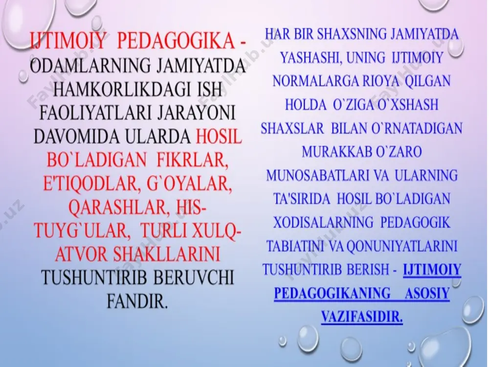 oshlar. bunday hollarda bolalarda muayyan bir bilim va malakalarni shakllantirishga imkon beradigan, ular bilan ijtimoiy tajribani o‘zlashtirilishiga va jamiyatda ularning integratsiyasiga yordam beradigan maxsus metodika va texnologiyalar mavjud bo‘lishi kerak. maktabda o‘qitish jarayonida bola avvalambor akademik bilimlarni oladi. biroq shu bilan birga uni ijtimoiy me’yorlarni, ko‘rsatmalarni, qadriyatlarni, rollarni yanada muvaffaqiyatli o‘zlashtirilishini ta’minlaydigan ma’lum bir ijtimoiy bilim, malaka va ko‘nikmalarni egallashi lozim. ijtimoiy pedagogikaning asosiy mezoni – tarbiya. tarbiya–ijtimoiy–tarixiy tajriba asosida pedagogikada bolalar tarbiyasini shaxs ahloqiy xislatlarini shakllantirishning maqsadga qaratilgan jarayoni sifatida ko‘rib chiqadi. biroq bu tarbiya jarayoni har doim ham yetarli darajada samarali bo‘lmaydi. yuqorida ijtimoiy ta’lim vazifasini ko‘rib chiqib, ko‘rsatdiki, bolada muayyan bir ijtimoiy bilim, malaka va ko‘nikmalar shakllanishi kerak. ularning shakllanishi jarayoni, masalan, otaga, onaga g‘amxo‘r, e’tiborli, mehribon, rahmdil munosabatlarning shakllanishi bilan bog‘liq. ijtimoiy pedagogikaning nazariy asoslari. shaxsning ijtimoiylashuvi bir qancha mexanizmlar asosida amalga oshadi. bostirish mexanizmi: uning mazmuni muayyan g‘oya, fikr, xohish, istaklarni ongdan chiqarib tashlashdan iborat. …