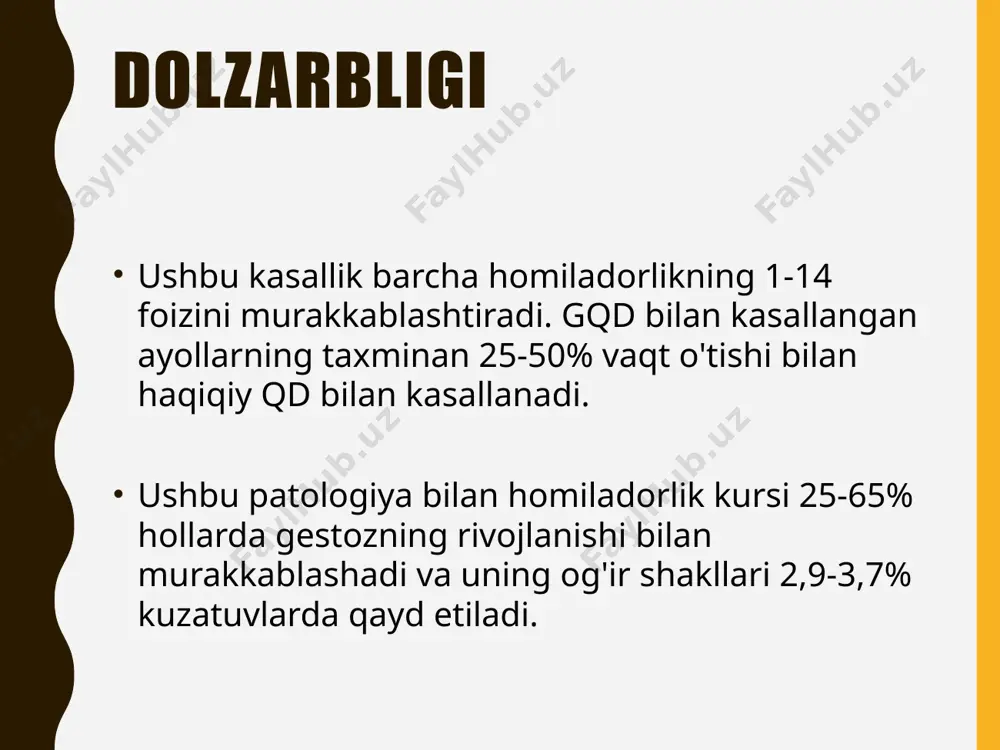organlar tarkibiy jihatdan rivojlanmagan va qisman o'z vazifalarini bajara olmaydigan katta homila. qon shakarining pastligi yangi tug'ilgan chaqaloqning sekin vazn ortishi shish, siyanotik 20% hollarda tana vaznining pastligi kuzatiladi 5% da og'ir asfiksiya mavjud tug'ilish travması-19% hollarda yangi tug'ilgan chaqaloqdagi klavikulaning sinishi tug'ruqdan keyingi davr tug'ilgandan so'ng, gqd bilan kasallangan barcha bemorlarda insulin terapiyasi bekor qilinadi. tug‘ruqdan keyingi dastlabki uch kun ichida uglevod almashinuvining mumkin bo'lgan buzilishini aniqlash uchun venoz plazmadagi glyukoza miqdorini o'lchash zarur. tug‘ruqdan 6-12 hafta o'tgach, nahorda venoz plazma glyukoza darajasi <7,0 mmol/l bo'lgan barcha ayollar glyukozaga tolerantlik testi o'tkaziladilar. e’tiboringiz uchun rahmat image1.jpg image2.png image3.png image4.png image5.png image6.png
