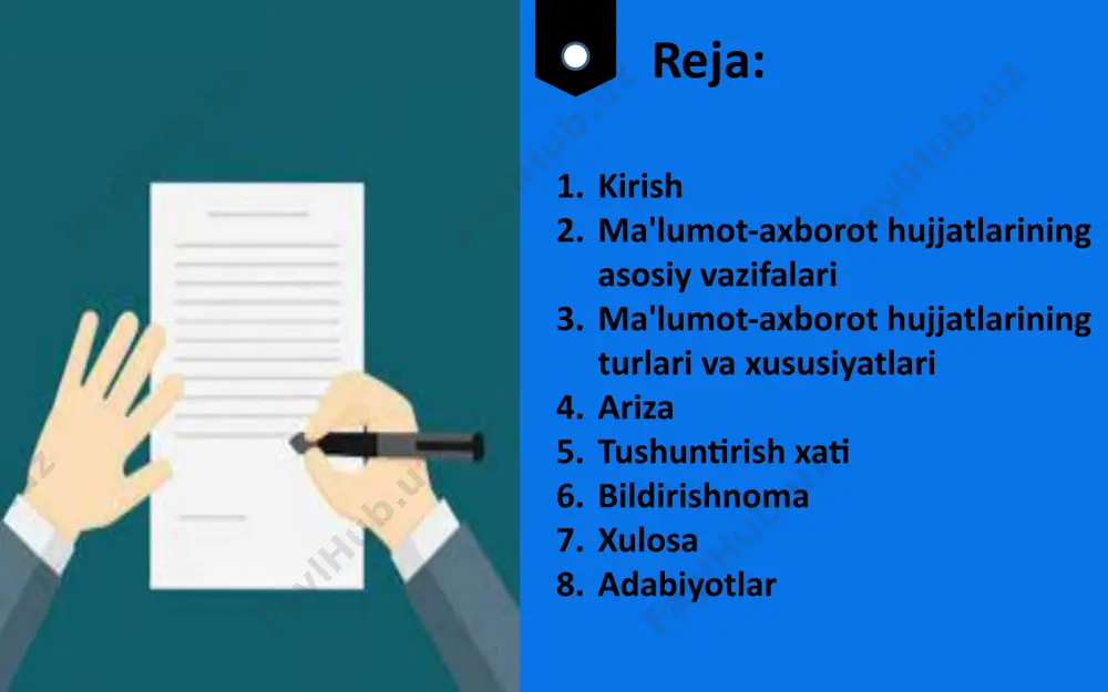 ini ifoda etadi. rasmiy uslub: aniq va lo‘nda tilda yozilib, ortiqcha gaplardan qochiladi. shakli belgilangan: ariza yozishda uning tuzilmasiga rioya qilinadi. aniqlik va tushunarlilik: mazmuni tushunarli va aniq bo‘lishi kerak, maqsad chalkash bo‘lmasligi zarur. arizaning tuzilishi ariza bosh qismi kimga yozilganligi ko‘rsatiladi (tashkilot rahbari yoki mas’ul shaxsning lavozimi va ismi sharifi). kim tomonidan yozilganligi (arizachining to‘liq ismi, lavozimi yoki manzili). mazmuni ariza matnida iltimos yoki murojaat aniq va lo‘nda ifoda etiladi. arizachining talabining sababi tushuntiriladi (zarur bo‘lsa). arizaning tugallanishi sana va arizachining imzosi qo‘yiladi. ariza turlari ishga qabul qilish arizasi masalan: “tashkilotingizda bo‘sh ish o‘rni mavjudligi sabab, ushbu lavozimga nomzod sifatida ko‘rib chiqishingizni so‘rayman.” ta’til so‘rash arizasi masalan: “ta’tilga chiqish imkonini berishingizni so‘rayman.” stipendiya ajratish yoki ko‘paytirish haqida ariza masalan: “akademik yutuqlarimni inobatga olgan holda stipendiyani oshirishni so‘rayman.” o‘qishga qabul qilish arizasi masalan: “ta’lim muassasasida o‘qish uchun imkoniyat yaratishingizni so‘rayman.” tushuntirish xati tushuntirish xati – bu rasmiy hujjat bo‘lib, biror …