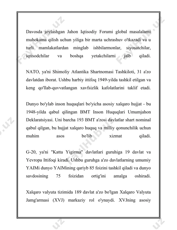 ivojlanganligini ko‘rsatadi. #### 5. xalqaro tashkilotlarda ishtirok o‘zbekiston bmt, yevraziya iqtisodiy hamjamiyati (yih), islom hamkorlik tashkiloti (oic) kabi ko‘plab xalqaro tashkilotlarda a'zo bo‘lib, u faqat mintaqaviy emas, balki global miqyosda ham o‘z o‘rnini mustahkamlashga intiladi. dunyo miqyosida yevropa ittifoqi a'zo davlatlarning iqtisodiy va siyosiy hamkorligini mustahkamlashda yetakchi o‘rin tutadi, it ga a'zo mamlakatlar soni 2023 yil holatiga ko‘ra 27 ta bo‘lgan. #### 6. raqamli diplomatiya so‘nggi yillarda raqamli diplomatiya tobora muhim ahamiyat kasb etib, davlatlar o‘rtasidagi aloqalarni zamonaviy texnologiyalar vositasida olib borilmoqda. raqamli platformalar orqali diplomatik muloqotni kuchaytirish va madaniy almashinuvlar bu sohadagi asosiy yo‘nalishlardan biri hisoblanadi. o‘zbekistonning 2022 yil holatiga ko‘ra, bmt vazirliklari bilan raqamli diplomatiyani rivojlantirish bo‘yicha ko‘plab loyihalari mavjud bo‘lgan, bu muzokaralar va aloqalarni samarali o‘tkazishga yordam beradi. bu ma’lumotlar davlatlarning xalqaro aloqalarni qanday rivojlantirayotganini va ular orqali qaysi sohalarda muvaffaqiyatga erishayotganini ko‘rsatadi. diplomatik aloqalar global tinchlikni saqlash, ijtimoiy-iqtisodiy o‘sishni rag‘batlantirish va davlatlar o‘rtasidagi do‘stona munosabatlarni rivojlantirishda …
