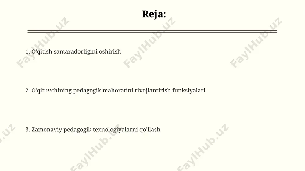 o'llashini va 20% ga o'quvchilarning faol ishtirokini oshirishini nazarda tutadi. zamonaviy pedagogik texnologiyalarni o'zlashtirish zamonaviy pedagogik texnologiyalarni o'zlashtirish, o'qituvchilarga 21-asr ko'nikmalarini, jumladan, raqamli savodxonlik va interfaol ta'lim usullarini qo'llash orqali o'quv jarayonini 30% ga samaradorligini oshirish imkonini beradi. interaktiv o'quv platformalari va dasturlari, masalan, moodle yoki google classroom kabi, 15 ta turli xil o'quv resurslarini taqdim etib, o'quvchilarning faol ishtirokini ta'minlaydi va individual yondashuvni qo'llab-quvvatlaydi. o'qituvchilarning kamida 5 ta zamonaviy pedagogik texnologiya (masalan, gamifikasiya, simulyatsiya, loyiha usuli)ni o'zlashtirishi o'quv jarayonini diversifikatsiya qilish va o'quvchilarning turli o'rganish uslublariga moslashish imkonini beradi. ta'lim sifatini yaxshilash o'qituvchilarning o'z-o'zini rivojlantirish va kasbiy malakasini oshirish dasturlari, ta'lim sifatini 25% ga yaxshilashga va o'quvchilarning muvaffaqiyat darajasini yuksaltirishga hissa qo'shadi. o'qituvchilarning pedagogik mahoratini oshirish ta'lim sifatining 15-20% ga yaxshilanishiga, o'quvchilarning bilim darajasining o'rtacha 10 ballga oshishiga olib keladi. zamonaviy pedagogik texnologiyalarni qo'llash orqali ta'lim jarayonini 30% ga samaraliroq qilish, o'quvchilarning faol ishtirokini ta'minlash mumkin. kasbiy o'sish va …