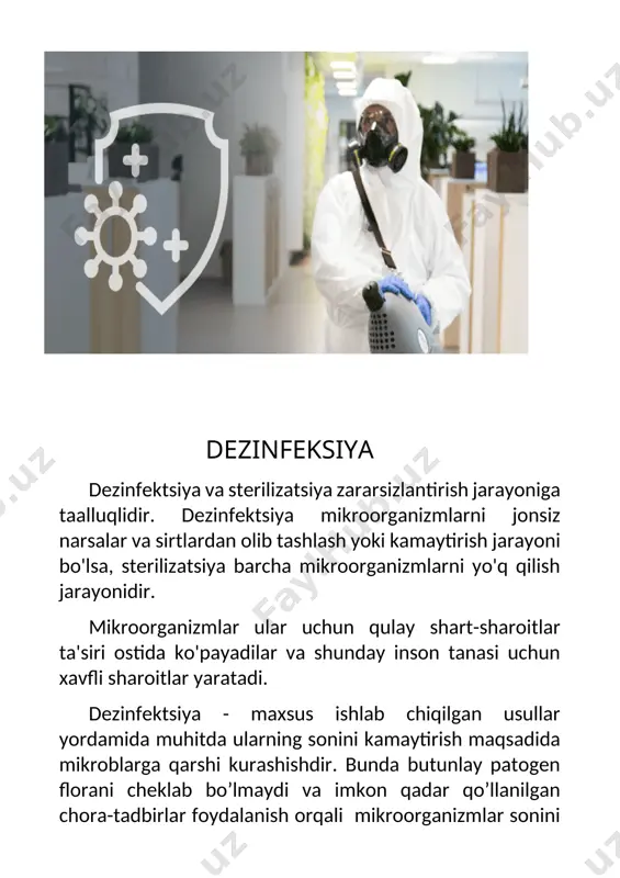uvchi vositalar qoʻllanib, bemorning kiyim-kechagi va koʻrpa-yostigʻi d. kamerasiga yuboriladi. gripp kasalligida bemorning idishtovogʻi qaynoq suv bilan 2—3 marta yuviladi (yaxshisi, birorta yuvuvchi vosita eritmasida qaynatiladi), roʻmolchasi, sochigʻi yuvuvchi vosita eritmasiga boʻktirilgach, qaynatiladi. bemor yotgan xonani teztez shamollatib, polixloraminning 0,2% li eritmasiga hoʻllangan latta bilan kuniga 2—3 marta artib turiladi. kasallik turiga qarab d. choratadbirlari oʻziga xos tartib asosida oʻtkaziladi. d. ishini epidemiyaga qarshi tadbirlar rejasi asosida dezinfeksiya sanitariyaepidemiologiya st-yalari, kasalxonalar, poliklinikalar, vrachlik uchastkalari oʻzbekiston sogʻliqni saqlash vazirligining qarorlarida koʻrsatilgan muddatlarda amalga oshiradi. dezinfeksiya turiga ko’ra 4 xil : amalga oshirilishiga qarab: profilaktika bunday imkoniyat faqat kasallikning ko'rinishiga yoki tarqalishiga yo'l qo'ymaslik uchun profilaktika chorasi sifatida tegishli. profilaktik dezinfeksiya muntazam ravishda amalga oshirilishi kerak, ayniqsa yuqumli kasalliklar tarqalish xavfi katta bo'lgan joylar bunga talluqlidir. avvalo, kasalxonalar, klinikalar, tibbiy maslahat markazlari, odamlarni ommaviy yig'ish joylari (masalan, poezd stantsiyalari, jamoatchilik tovlari, transport), oziq-ovqat sanoati korxonalari, maktablar va maktabgacha ta'lim muassasalari nazarda tutiladi. …