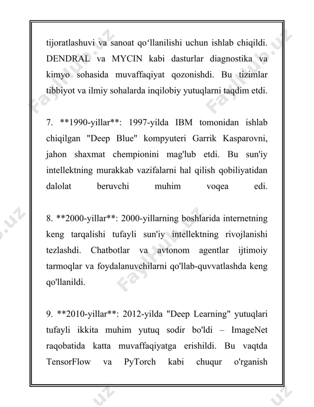 birinchi marta 1940-1950-yillarda paydo bo‘ldi. 1943-yilda bosh miya neyronlarini tavsiflash uchun matematik modellar taklif qilindi. 1958-yilda frank rosenblatt perceptron deb atalgan birinchi ishlay oluvchi neyron modelini yaratdi. bu model o‘sha davrda juda oddiy bo‘lsada, bugungi kunda sofist ikki bosqichli algoritmlarning paydo bo‘lishiga zamin yaratgan. 2. **neyron tarmoqlarning turlari**: neyron tarmoqlarni ikki asosiy kategoriya — feedforward va recurrent neyron tarmoqlarga bo‘lish mumkin. feedforward neyron tarmoqlar eng oddiy struktura bo‘lib, ma'lumot bir yo‘nalishda harakatlanadi. recurrent neyron tarmoqlar o‘zida o‘tgan holatlar haqida ma'lumot saqlaydi va vaqtga bog‘liq ketma-ketliklarini qayta ishlaydi. 3. **asosiy komponentlar**: neyron tarmoqlar bir-birlariga bog‘langan sun'iy neyronlar yoki "tugunlar"dan tashkil topgan. har bir sun'iy neyron kirish va chiqish xattolariga ega va impulslarni boshqa sun'iy neyronlarga uzatadi. neyronlar qatlami — kirish qatlami, yashirin qatlamlar va chiqish qatlamidan tashkil topadi. yashirin qatlamlar tarmoqning chuqurligini belgilaydi. 4. **parametrlar va o‘qitish jarayoni**: neyron tarmoqlarni o‘qitish yo‘lida ko‘plab parametrlar, jumladan, vaznlar (weights) va og‘ishlar (biases) o‘rganiladi. …