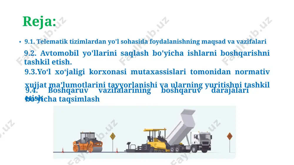 царэс) o’zbekiston respublikasi prezidentning avtomobil yo’llarini rivojlantirish bo’yicha davlat strategiyasi tasdiqlandi. ushbu strategiya 2020-2030 yillar uchun mo’ljallangan bo’lib, uning asosiy maqsadi avtomobil yo’llarini rivojlantirish, ekspluatatsiya qilish, iqtisodiyotning jadal rivojlanishiga, aholining yashash tarzi darajasini oshiruvchi muhim mexanizmlarini belgilab olindi. bunda yo‘l qurilishi sohasida yagona davlat siyosatini amalga oshirish belgilab olindi. strategiyada yangi transport yo‘laklarini yaratilishi bo’yicha amaliy tadbirlar ishlab chiqiladi. qo’shni davlat chegaralaridan avtomobil transporlarini o’tishda ortiqcha ovoragarchiliksiz bo’lishida telematik tizimlarning ahamiyati katta hisoblanadi. hozirda yo‘l xo‘jaligi sohasida telematik va intelektual tizimlar yo‘llarni saqlash ishlarida nazoratni olib boruvchi avtomatlashtirilgan dispetcherlik orqali amalga oshiriladi. avtomobil yo‘llarining ta’mirlash ishlari buyurtmachilar tomonidan tanlov asosida tanlab olinadigan yo‘l ta’mirlash korxonalari va boshqa pudratchi tashkilotlar tomonidan amalga oshiriladi. avtomobil yo’llarni saqlashga ixtisoslashgan ta’mirlash, qurilish davlat korxonalarida me’yoriy hujjatlarni yuritishni amalga oshirishda texnologlar tomonidan amalga oshiriladi. me’yoriy ma’lumotnomalarni yuritishda quyidagi ma’lumotlarning hisoblari olib boriladi: avtomobil yo'llarini ta'mirlash buyurtmachilari o'zbekiston transport vazirligining avtomobil yo'llari agentligi tarkibiga kiruvchi avtomobil …