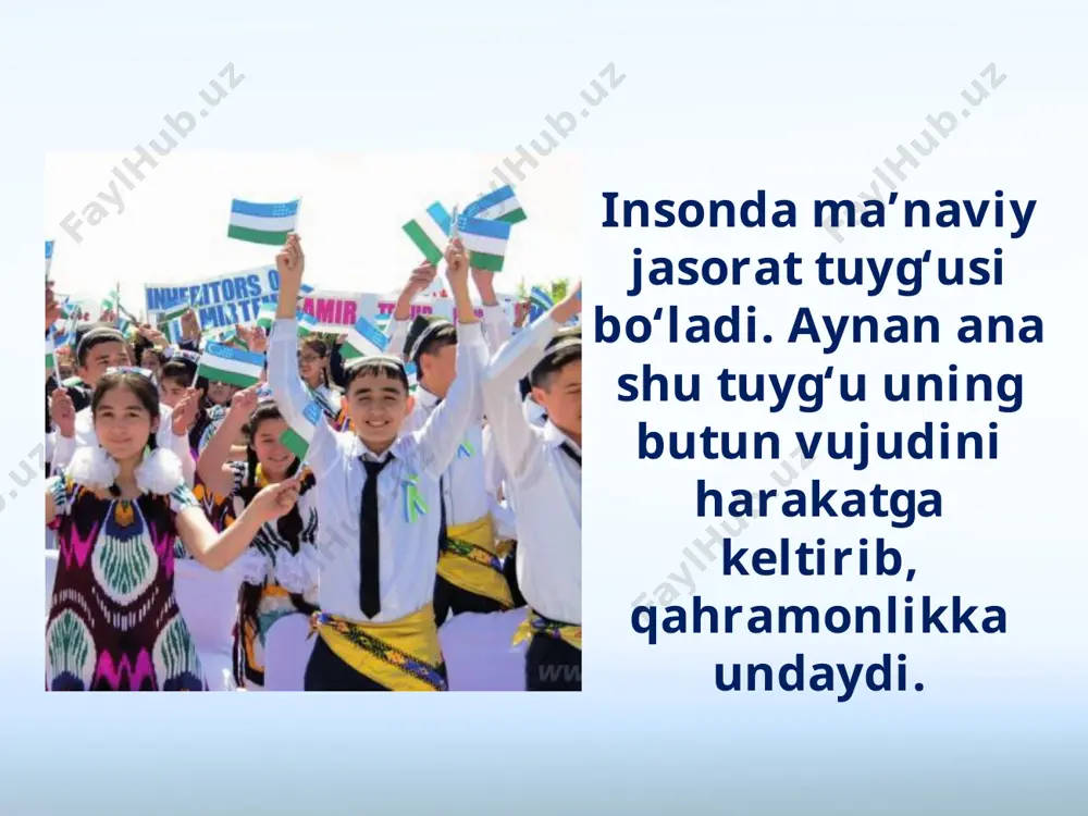 un unga munosib farzand bo‘lishdan ortiq baxt-u saodat yo‘q. savol va topshiriqlar: 1. yurtimizning bugungi kundagi fidoyi farzandlari haqida gap ketganida avvalo kimni tilga olamiz? 2. rasmlarga qarab, turli sohalardagi vatanparvar yoshlar haqida gapirib bering. 3. mashhur sportchi yoshlardan kimlarni bilasiz? 4. siz sinfdoshlaringizdan kimlarni haqiqiy vatanparvar deb hisoblaysiz va nima uchun? 5. kelgusida kim bo‘lmoqchisiz va vatanimizga qanday xizmat qilmoqchisiz? image2.jpeg image3.jpeg image4.jpeg image5.jpeg image6.jpeg image7.jpeg image8.emf image9.emf image10.emf image11.jpeg image12.jpeg image13.jpeg image14.jpeg image15.emf image16.emf image17.emf image18.jpeg image19.jpeg image20.jpeg image1.jpeg