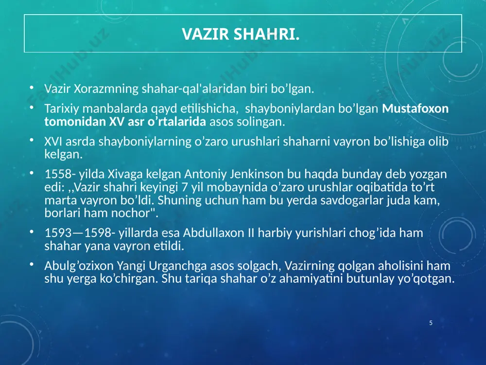 gan. ichan qal'a bobolarimizdan qolgan o’rta osiyodagi yirik va noyob me'moriy yodgorlikdir. u ming gumbaz shahri nomi bilan mashhur. ichan qal'a xiva shahrining ichki qal'a (shahriston) qismidir. * * ichan qal’ani bunyod etishda xiva me'morlari o’rta osiyoda qadimdan davom etib kelayotgan an'ana — inshootlarni ro’parama-ro’para qurish usulidan foydalanishgan. bu usul ,,qo'sh" deb ataladi. xorazm o’lkasi me'morchiligining ajoyib obidalari — madrasa, masjid, saroy va minoralar ichan qal'ada joylashgan. mazkur asrlar davomida ota darvozadan polvon darvozagacha kattayo’l o’tkazildi.. ichan qal'a darvozalari bog’cha, polvon tosh ota xviii asr oxiri-xix asrda xivada qurilish ishlari xviii asr oxirida juma masjid qayta qurildi va uning yonida baland minora ham qad ko’tardi. 1840—1842- yillarda ikki qavatli qutlug’ murod inoq madrasasiga qaratib tim va toqilar qurildi. muhammad rahimxon, olloqulixon va muhammad aminxon hukmronliklari davrida lchan qal’ada keng ko’lamli yaratuvchilik ishlari amalga oshirildi. muhtasham saroy, madrasa, maqbaralar barpo etildi. ko’hna arkdagi saroy qurilishi tugallandi. yangi va katta toshhovli saroyi …