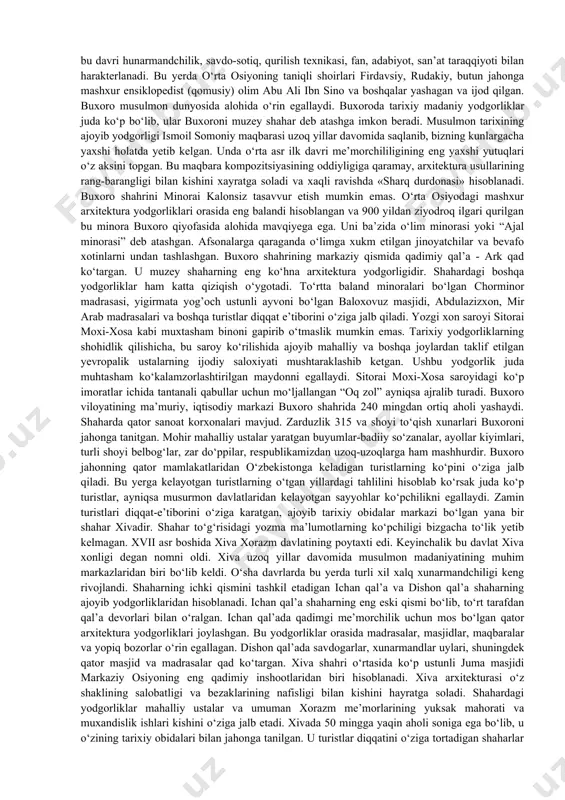 asavvur beradi. go‘ri-amir maqbarasining ulug‘vor gumbazi o‘tmish me’morchilik san’atining namunalaridan biridir. shaharning shimoliy - sharqiy qismida butun dunyoga mashxur ulug‘bek rasadxonasi harobalari hanuzgacha saqlanib qolgan. rasadxona o‘sha davr uchun mukammal bo‘lgan uskunalar bilan jihozlangan edi. ulardan faqatgina ulkan sikstantning bir qismi saqlanib qolgan xolos. hozirda rasadxona qayta ta’mirlangan va davlat tomonidan muhofaza qilinadi. samarqand markazida yana bir mashxur me’moriy ansambl registon bo‘lib, u ulug‘bek, sherdor va tillakori madrasalarini birlashtiradi. ular orasida o‘quv yurti sifatida bunyod etilgan ulug‘bek madrasasi alohida o‘rin tutadi. har tomonlama mohiyati katta bo‘lgan bu madrasada ma’lumotlarga ko‘ra ulug‘ mutafakkir olim, taniqli munajjim, matematik, o‘z davrining ko‘zga ko‘ringan davlat arbobi mirzo ulug‘bekning o‘zi dars bergan. ulug‘bek xukmronligi davrida samarqand o‘rta asrning jahonshuml markazlaridan biriga aylanadi. uning atrofida qozizoda rumiy, ali qushchi va shu singari boshqa yirik olim-astronomlar, matematiklar birlashib ilmiy maktab yaratadi. ulug‘bek tomonidan asos solingan maktablarda diniy ilmlardan tashqari geografiya, tarix, falakiyot kabi fanlar ham o‘qitilgan. qomusiy …