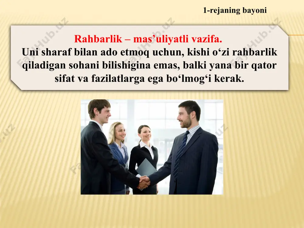 tim va konvensiyalar tuzish san’atidir. ushbu natijalarga uchrashuvlarning muvaffaqiyatli yakunida erishiladi. 8 diplomatik seremonial (tantana marosimlari) xilma-xil, murakkab, nozik tomonlari mavjud bo‘lgan seremonial hisoblanadi. diplomatik protokol talablarining rivojlanishi urf-odatlar, davlatchilik va umumqabul qilingan xulq-atvor qoidalarini o‘zida aks ettiradi. 9 muzokara kiyimi:  qizil, sariq – erkinlik, qat’iyatlik;  qora tusda qizil bezaklar – o‘ziga nisbatan ishonchni kuchliligi, muayyanlik;  ko‘k va to‘q jigarrang – bag‘rikenglik;  to‘q kulrang – hissiyotlarga erk bermaslik;  havorang – xotirjamlik;  yashil, sariq – sergaklik. rasmiy muzokaralarga odmi rangdagi kiyimlar mos keladi. bo‘yinbog‘ tusi uning egasi borasida ma’lum tasavvurni paydo qilish imkoniga ega. 10 biz atrofimizdagi insonlar bilan iliq va samimiy munosabat o‘rnatishni o‘rganishimiz uchun o‘zlashtirishimiz talab etiladigan sakkizta qoida mavjud. dastlab ularni umumiy tarzda ko‘zdan kechirib, so‘ngra har birining alohida sharhiga o‘tamiz . ishonchli munosabat 3-rejaning bayoni. ishonchli munosabat suhbatdoshning ko‘ziga qaray olish savol bera olish tinglay olish 01 02 03 xazil-mutoyibaga moyilligingizni …