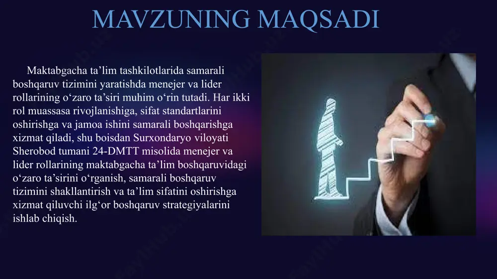 g menejer va lider sifatidagi rollari o‘rganilmoqda. prezident shavkat mirziyoyevning ta’lim tizimini isloh qilish bo‘yicha tashabbuslari doirasida, maktabgacha va maktab ta’limi rahbarlarining vakolatlari kengaytirilmoqda. biroq, menejerlik va liderlik rollarining uyg‘unlashuvi va rahbarlarning pedagoglarga nisbatan ta’limiy liderlik xatti-harakatlari haqida aniq ma’lumotlar cheklangan. 9 menejer – bu tashkilotni boshqarish, rejalashtirish va nazorat qilish bilan shug‘ullanuvchi shaxs bo‘lsa, lider – jamoani ilhomlantiruvchi, innovatsion g‘oyalarni ilgari suruvchi va tashkilotning rivojlanish strategiyasini belgilovchi shaxsdir. maktabgacha ta’lim muassasalarida ushbu ikkala rol bir-birini to‘ldirishi lozim. ya’ni, rahbar nafaqat boshqaruvchi menejer sifatida faoliyat yuritishi, balki jamoani birlashtiruvchi va ularga motivatsiya beruvchi lider sifatida ham namoyon bo‘lishi zarur. bugungi kunda ta’lim tizimida amalga oshirilayotgan islohotlar, davlat siyosati va xalqaro tajribalar shuni ko‘rsatmoqdaki, maktabgacha ta’lim muassasalarida menejer va lider sifatida harakat qiluvchi rahbarlarning faoliyati ta’lim sifatini oshirishda katta rol o‘ynaydi. samarali boshqaruv tizimi ta’lim muassasasida tartib-intizomni saqlash, pedagoglar va tarbiyachilar uchun qulay ish muhitini yaratish, zamonaviy pedagogik yondashuvlarni joriy etish …