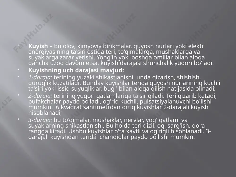 icha ko'rsatmalarni diqqat bilan o'qing; kimyoviy moddalar bilan ishlashda himoya ko'zoynagi va qo'lqoplardan foydalaning; uy kimyoviy moddalarini oziq-ovqat bilan saqlamang; to'g'ridan-to'g'ri quyosh nurlari ostida terini himoya qiluvchi vositalaridan foydalaning; kimyoviy moddalar va olov bolalar yeta olmaydigan joyda ekanligiga ishonch hosil qiling. image2.png image3.png image4.png /docprops/thumbnail.jpeg