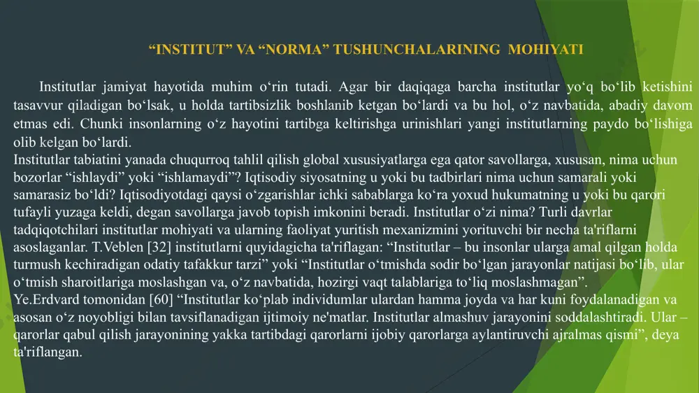 rmalar turlari, ya'ni hamkorlik strategiyasini, xususan, normaning o‘zini (tor ma'noda) va qoidalarni cheklash imkonini beradi. norma turlari quyidagilardan iborat: hamkorlik strategiyasi = belgi + maqsad + shart-sharoit; norma = belgi + muqarrarlik omili + maqsad + shart-sharoit; qoida = belgi +muqarrarlik omili + maqsad + shart-sharoit + sanksiya. umuman, ijtimoiy tanlov nazariyasida normalar: oqilona tanlash natijasi sifatida qaraladi. kelishuvlar iqtisodyotida esa normalar oqilona xatti-harakat omili sifatida tahlil qilinadi. ijtimoiy tanlov nazariyasi (d.b'yukenen) birinchi galda siyosiy tanlov natijasini aks ettiruvchi va huquqda qayd etiladigan yuridik normani o‘rganadi. yuridik normalarni izohlash uchun oqilona tanlovning neoklassik modelidan foydalaniladi. xususan, shu narsa nazarda tutiladiki, b'yukenen uchun siyosat – insonlar bozorda faqat o‘z afzalliklariga amal qilgan holda tovarni xarid qilgani singari, u asosida ular turli muqobil variantlarni o‘z qadr-qimmatlari bilan qiyoslagan holda, tanlaydigan murakkab institutsional jarayon hisoblanadi. boshqacha aytganda, norma va qoidalar siyosat bozorida shaxslar o‘rtasidagi o‘zaro hamkorlik natijasida paydo bo‘ladi. bundan normalarni baholashning navbatdagi …