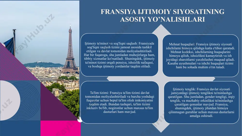 arzon uy-joy ta'minlashga qaratilgan. bundan tashqari, "sotsial uy-joylar" tizimi orqali ijtimoiy uy-joylar taqdim etiladi. fransiya ijtimoiy-siyosatining kelajagi fransiyada ijtimoiy-siyosatning kelajagi bir necha yangi yo'nalishlarni o'z ichiga oladi. birinchidan, ijtimoiy ta'minot tizimining modernizatsiyasi muhim ahamiyatga ega. ikkinchidan, ijtimoiy xizmatlar sohasida raqamli texnologiyalarni joriy etish kengaymoqda. uchinchidan, ijtimoiy tenglikni ta'minlash uchun yangi qonunlar qabul qilinmoqda, jumladan, gender tengligi bo'yicha yangi qonunlar. to'rtinchidan, ijtimoiy sharoitlar o'zgarishi bilan bog'liq ravishda, muhtojlarga yordam berishning yangi usullari va dasturlari ishlab chiqilmoqda. 8 8 ijtimoiy-siyosiy inqirozlar va yechimlar 9 9 fransiyada uchta asosiy ijtimoiy inqiroz mavjud: 1. iqtisodiy tengsizlik, 2. migratsiya va madaniy farqlar, 3. siyosiy ishonchsizlik. ijtimoiy inqirozlar ijtimoiy barqarorlikni ta’minlash uchun zarur choralar; 1.ta’lim va bilimga investitsiyalar, 2. jamiyatdagi turli guruhlar o’rtasida muloqatni rivojlantirish, 3. ijtimoiy siyosatni kuchaytirish ijtimoiy barqarorlik uchun zarur choralar ushbu inqirozlarni hal etish uchun quyidagi strategiyalarni amalga oshirish muhim: 1. iqtisodiy imkoniyatlarni kuchaytirish, 2. madaniy integratsiyani qo’llab-quvvatlash, 3. fuqarolar ishtirokini oshirish …