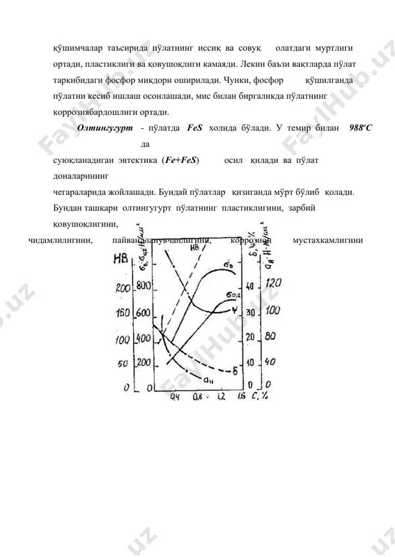 . сифатига кура углеродли пўлатлар қуйидагича турланади: - оддий сифатли (s ≤ 0,06 % ; р ≤ 0,04 % ) ; - сифатли ( s ≤ 0,04 % ; р ≤ 0,04 %) ; - юқори сифатли (s ≤ 0,03 % ; р ≤ 0,03 %). юмшатилган олатдаги структурасига қараб углеродли пўлатлар эвтектоидгача бўлган (феррит + перлит), эвтектоид пўлати (перлит) ва эвтектоиддан кейинги (перлит + цементит) пўлатлар турларига бўлинади. (15- шакл) шакл. углеродли пўлатларнинг микроструктуралари оддий сифатли углеродли пўлатлардан иссиқ олатда прокатлаш йули билан турли прокатлар (балкалар, чивик, швеллер, бурчакликлар, трубалар, листлар), поковкалар, қурилиш конструкциялари, арматура ва машиналарнинг енгил шароитда ишлайдиган деталлари тайёрланади. бу пўлатлар ишлатилиш сохасига кура ва кафолатланадиган хоссаларига қараб учта гуру га бўлинади: а - механиқ хоссалари кафолатланади; б - кимевий таркиби кафолатланади; в - механиқ хоссалари ва кимевий таркиби кафолатланади. бу гуру ларга қуйидаги маркали пўлатлар киради: а - ст.0, ст.1, ст.2, ст.3, ст.4, ст.5, ст.6; …