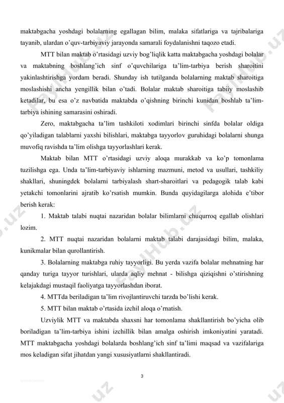 bo’lishi kerak. 5. mtt bilan maktab o’rtasida izchil aloqa o’rnatish. uzviylik mtt va maktabda shaxsni har tomon​lama shakllantirish bo’yicha olib boriladigan ta’lim-tarbiya ishini izchillik bilan amalga oshirish imkoniyatini yaratadi. mtt maktabgacha yoshdagi bolalarda boshlang’ich sinf ta’limi maqsad va vazifalariga mos keladigan sifat jihatdan yangi xususiyatlarni shakllantiradi. maktabgacha yoshdagi bolalar egallagan xulq-atvor shakllari, kattalar va tengdoshlari bilan bo’ladigan o’zaro munosabat shakllari, axloqiy xis-tuyg’u va tasavvurlar mak​tabning boshlang’ich sinflarida bolalarga yangi axloqiy xulq-atvor shakllarini ularning ongini, his-tuyg’ularini tarbiya​lash uchun manba bo’lib xizmat qiladi. maktab bolalarda axloqiy tasavvurlar va xulq atvorda birlik bo’lishini tarbiyalash, o’z xatti-harakati uchun shaxsiy javobgarlikni seza bilish, jamoachilik xislatlari, sifat jihatdan yangi bo’lgan xulk, atvor shakllarini tarkib toptirish uchun shart-sharoit yaratadi. maktabda vatanparvarlik, baynalmilallik, o’z vatani oldidagi burchini chuqur anglash kabi his-tuyg’ular shakllanadi. bunday yuksak hislar bolalar​ning mttda ota-onalariga, oilasiga muhabbat, kattalarga hurmat, ona tabiatga mehr va shu kabi axloqiy xislari asosida shakllanadi. maktabda bolalarni estetik tomondan tarbiyalash bo’yicha …