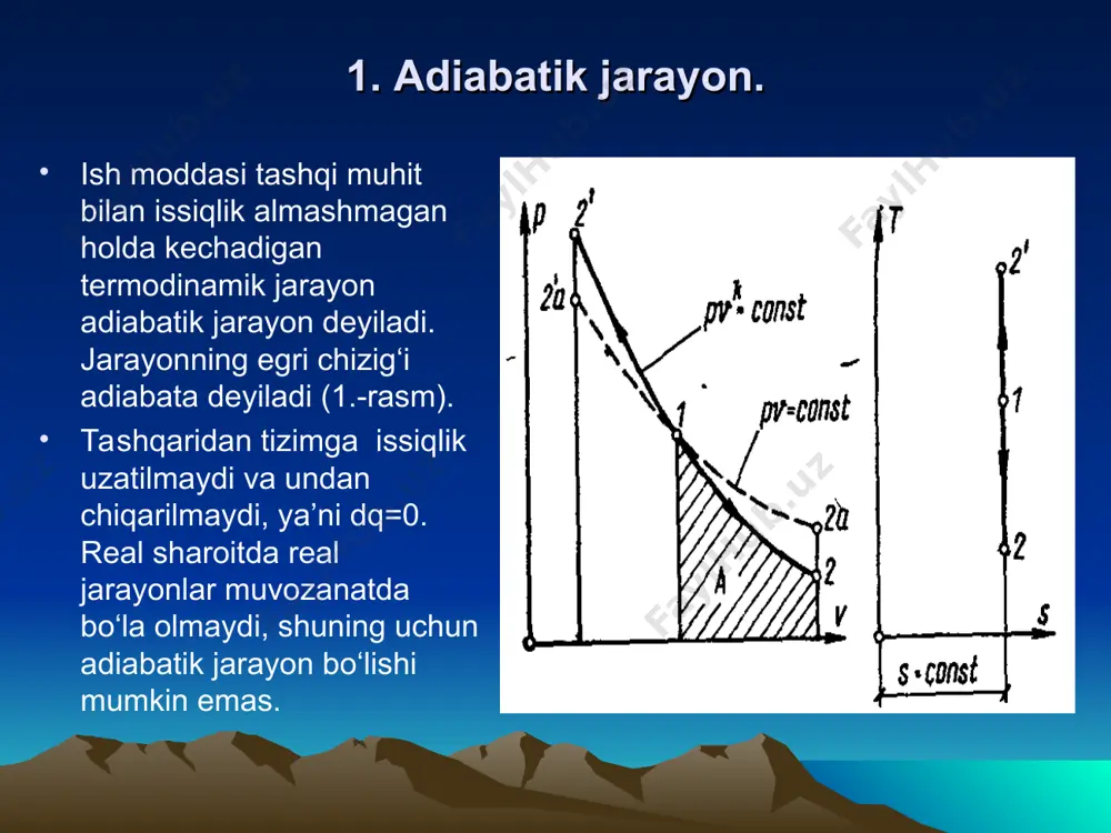 mumkin. q=u+ l =0. cv=const da l = – u=cv (t1-t2) yoki (6.) cv /r =cv (cp-cv)=1/(k-1) ekanligidan hosil qilamiz. (7.) ushbu tenglamada p1v1=rt1 va p2v2=rt2 ekanligidan tizim (ideal gaz) ning solishtirma issiqlik sig‘imi (c=const) o‘zgarmas bo‘lgan termodinamik jarayon politrop jarayon deyiladi. jarayon egri chizig‘i politropa deyiladi (2.-rasm). termodinamik jarayon ta’rifidan ko‘rinib turibdiki, asosiy termodinamik jarayonlar: izotermik, izoxorik, izotermik va adiabatik jarayonlar o‘zgarmas sig‘imda kechsa, ular politrop jarayonning xususiy holi bo‘ladi. politrop jarayonning issiqlik miqdori jarayon issiqlik sig‘imi c va boshlang‘ich hamda oxirgi holat temperaturalari farqi t1-t2 ko‘paytmasi orqali ifodalanishi mumkin. politrop jarayonning tenglamasini termodinamikaning birinchi qonuni tenglamasidan keltirib chiqarish mumkin: cpdt-vdp=0 va cvdt+pdv=0. dq=cdt= cpdt –vdp va dq=cdt=cvdt+pdv shu tenglamalardan: (c-cp) / (c-cv)= –vdp/pdv tenglamaning chap tomonini n deb belgilasak, quyidagini hosil qilamiz: (c-cp) / (c-cv)=n va ndv/v=-dp/p 2. politropik jarayon va uning tahlili. 2.-rasm. gazlar holati o‘zgarish jarayonlarining pv - va ts - diagrammalardagi birlashgan grafigi pvn =const …