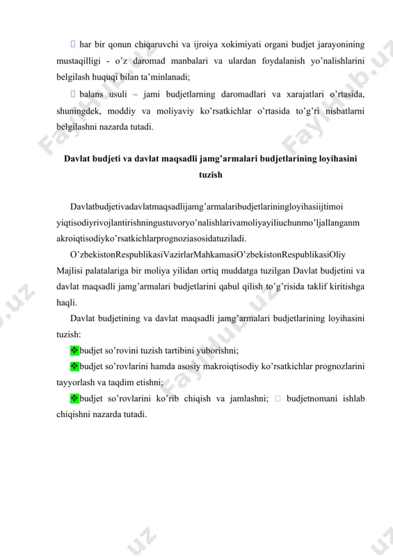 iq holda tuzilgan kelgusi davr uchun budjet buyurtmasini o’z ichiga oladi. budjet so’rovi budjet tashkilotining, b udjet ma blag’lari oluvchining va b udjet m ablag’larini taqsimlovchining b udjet tizimi budjetlari mablag’laridan foydalanish bilan bog’liq faoliyatining miqdor va sifat ko’rsatkichlarini o’z ichiga oluvchi, o’tgan yilda erishilgan natijalar va joriy yilda kutilayotgan natijalar to’g’risidagi tahliliy hisobotni xarajat majburiyatlarining ularni kiritish (ijro etish) uchun asos bo’ladigan hamda moliyalashtirish man balari va amal qilish belgilaydigan muddatlarini normativ - huquqiy hujjatlar, shartnomalar va (yoki) ularning alohida qoidalari ko’rsatilgan reestrini b udjet mablag’larini taqsimlovchining rivojlantirish dasturini b udjet mablag’larini taqsimlovchining rivojlantirish dasturi bilan uzviy bog’liq holda tuzilgan kelgusi davr uchun budjet buyurtmasini o’z ichiga oladi 3-rasm. budjet so’rovi qoraqalpog’iston respublikasi vazirlar kengashi, viloyatlar va toshkent shahar hokimliklari, davlat maqsadli jamg’armalarini taqsimlovchi organlar budjet so’rovi bilan bir vaqtda tegishli budjetlar va davlat maqsadli jamg’armalari daromadlarining kelgusi davr uchun prognozlarini taqdim etadi. budjet so’rovini tuzish tartibi: davlat budjeti …