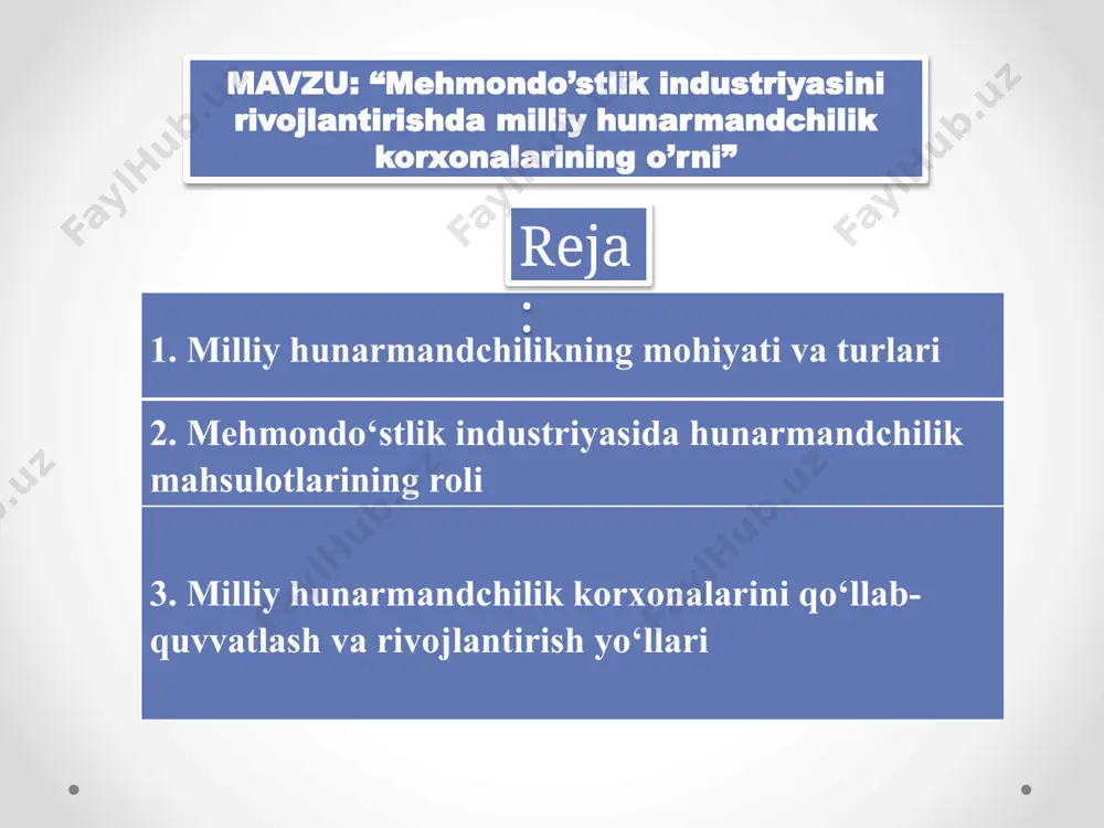 oy va oʻrta osiyoda shisha tayyorlash texnologiyasi takomillasha bordi oʻrta osiyoda hunarmandchilikning barcha turlari 20-asrning 20-yillarigacha saqlandi. buxoro, samarqand, qoʻqon, xiva, toshkent kabi shaharlarning ishlab chiqarish munosa-batlarida hunarmandlik katta rol oʻynadi (19-asrning 60-yillarida xivada hunarmandchilikning 27 turi rivoj topgan, shahardagi bozorlarda hunarmandlarning 556 doʻkoni boʻlgan, 80-yillarda shaharda 2528 xoʻjalik hunarmandchilik bilan shugʻullangan). oʻzbekistondagi huanrmandchilik chuqur ixtisoslashgan boʻlib, oʻzida xilma-xil kasbkorlarni birlashtirgan. masalan, terini qayta ishlash sohasida koʻnchilar, etikdoʻzlar, maxsidoʻzlar, kovushchilar, egar-jabduqchilar, telpakchilar, poʻstinchilar, kamarchilar, toʻqimachilik sohasida boʻzchilar, atlaschilar, gilamchilar, sholcha va namatchilar; metallni ishlash sohasida temirchilar, taqachilar, misgarlar, chilangarlar, zargarlar kabi kasblar boʻlgan. hunarmandchilik mahsulotlari — oddiy qo'l mehnati bilan tayyorlanadi va bu bizga ota-bobolarimizdan qolgan merosdir. hunarmandchilik kam rivojlangan mamlakatlarning xalq xo‘jaligida hozir ham muhim o’rin egallaydi. hunarmandchilik insonning ishlab chiqarish faoliyati bilan vujudga kelib, jamiyat rivojlanishi davomida asta-sekin dehqonchilik va chorvachilikdan ajralib chiqdi, turli ijtimoiy-tarixiy davrlar doirasida texnika rivoji bilan aloqador holda takomillasha bordi kulollik, duradgorlik, temirchilik, misgarlik, …