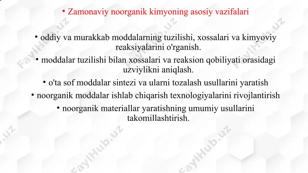 arini ishlab chiqish, turli obyektlarning kimyoviy tarkibini va tuzilishini aniqlaydigan usullar va ularning amaliy qo• llanishidir. analitik kimyo — tabiatdagi turli elementar obyektlar: atomlar, ionlar, funksional guruhlar, molekulalar va kimyoviy moddaning boshqa tarkibiy zarrachalari kimyoviy strukturasini os rganuvchi, ularning sifat va miqdoriy tarkibini aniqlaydigan fan bo'lib, uning samaradorligi boshqa turdosh fanlarning yutuqlari va analitik ehtiyojlarini hisobga olish va ulami qondirish darajasi bilan belgilanadi. analitik kimyoning asosiy vazifasi- analizning umumiy nazariy asoslari, kimyoviy, fizik-kimyoviy va fizikaviy usullaming asosiy tamoyillari va analitik tashhis imkoniyatlari bilan foydalanuvchilar: kimyo fanlari, fizika, biologiya, geologiya, mineralogiya, texnika fanlari, ishlab chiqarish texnologiyalari, tibbiyot, farmatsevtika, atrofmuhitni o'rganish va muhofaza qilish fanlari vakilarini tanishtirish, hamda ularga fundamental ilmiy-tadqiqot va amaliyot ishlarida analitik kimyodan keng lamda foydalanishiga yordam ko'rsatishdir. qadimgi dunyo "analitik kimyosi” xususiyatlari qadimgi analiz usullari asosan rudalardan metallar ajratib olish, oltin, mis, qo'rg'oshin, qalay qotishmalari, dorivor moddalar bo’yoqlar, xushbo'y moddalar sifatini aniqlash bilan bog'liq bo' igan. dastlabki vaqtlarda …