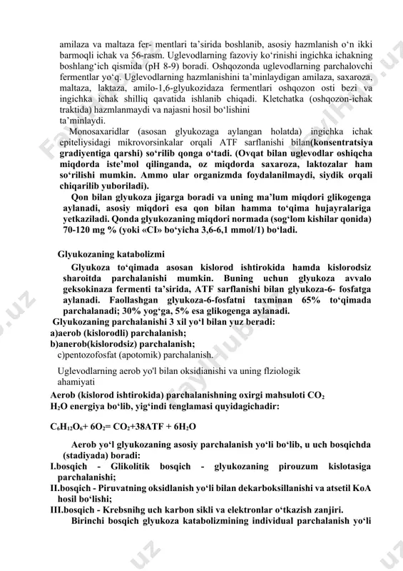 yana aminoqandlar hosil qiladilar; bunda monosaxariddagi gidroksil gruppalardan biri h2n-guruh bilan o‘rin almashadi. bu aminoqandlar asosan muko‘polisaxaridlar tarkibiga kiradi. disaxaridlarga: saxaroza (glyukoza va finktozadan tashkil topgan), laktoza (glyukoza va galaktozadan); maltoza (ikki molekula glyukozadan) kiradi. polisaxaridlar tuzilishlariga ko‘ra gomopolisaxaridlar va geteropolisaxaridlarda bo‘linadilar. gomopolisaxaridlarga glikogen, kraxmal, kletchatka, sellyulozalar kiradi. ular glyukoza qoldiqlaridan tashkil topgan biopolimerlardir. tuzilishida bir xil monosaxarid qatnashgani uchun bunday polisaxaridlarni gomopolisaxaridlar deydilar. geteropolisaxaridlar (muko‘polisaxaridlar) monosaxarid va ularning unumlaridan tashkil topib, tarkiblariga qarab 2 ga bo‘linadilar: a)kislota xossali muko‘polisaxaridlar; b)neytral muko‘polisaxaridlar. hozirda kislota xossali muko‘polisaxaridlarni glikozamin-glikanlar deb ataydilar va ular proteoglikanlarning uglevodli qismini tashkil etadilar. uglevodlarning hazmlanishi va so‘rilishi polisaxaridlar va disa- xaridlar oshqozon-ichak traktida hazmlanib mono- saxaridlarga aylanadi. hazmlanish og‘iz bo‘shlig‘ida so‘lak tarkibidagi amilaza va maltaza fer- mentlari ta’sirida boshlanib, asosiy hazmlanish o‘n ikki barmoqli ichak va 56-rasm. uglevodlarning fazoviy ko‘rinishi ingichka ichakning boshlang‘ich qismida (ph 8-9) boradi. oshqozonda uglevodlarning parchalovchi fermentlar yo‘q. uglevodlarning hazmlanishini ta’minlaydigan amilaza, saxaroza, …