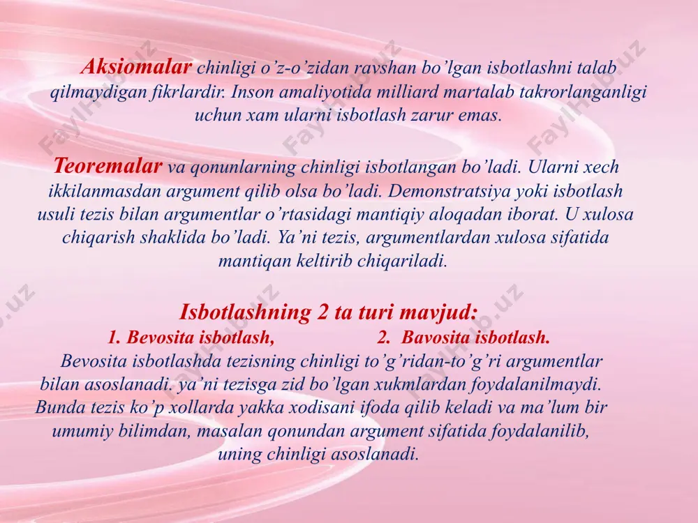 i belgilab beradi. savol aniq, ravshan, qat’iy xolda qo‘yilishi lozim. muammolar gipoteza – qayd qilingan xodisaning (faktning sababi xaqida birorta taxminiy fikrni ilgari surish va uni asoslashdan iborat bo’lgan jarayondir. u 2 ta bosqichdan tashkil topgan bo’ladi: 1) gipotezani ko’rish va 2) uni isbotlash. gipoteza kuzatish va eksperiment natijalariga tayangan xolda faktlarni to’plash, ularni analiz va sintez qilish asosida ilgari suriladi. isbotlash bosqichida gipotezani vaqtincha chin deb qabul qilinib, undan ma’lum bir natijalar keltirib chiqariladi va ular mavjud xodisalar (faktlar) bilan solishtiriladi. agar ular bir-biriga muvofiq kelsa, gipoteza chin, muvofiq kelmasa, xato bo’ladi. gipotezaning chinligi ba’zan uni chinligi ilgari aniqlangan bilimlardan deduktiv yo’l bilan keltirib chiqarish orqali xam isbotlanishi mumkin. gipoteza rad qilinsa, uning o’rniga boshqasi ko’riladi va shu tariqa o’rganilayotgan xodisaning sababi aniqlanguncha davom ettiriladi. nazariya - tushunchalar, qonunlar sistemasidan iborat bo’lib, unda ma’lum bir soxaga oid bilimlar sistemaga solinadi, umumlashtiriladi va talqin qilinadi. nazariyalarning yaratilishi mavjud bilimlarning miqdor …