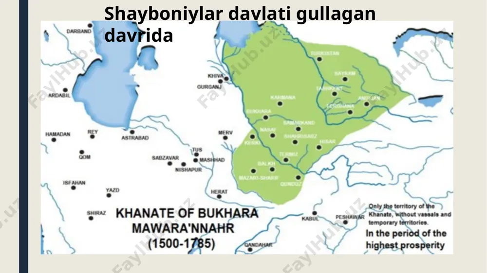 lmiy adabiyotda shu sulola bazi vakillarining dafn etilgan joylari tavsifinigina uchratish mumkin. movarounnahr shayboniylar davri madaniyatining barcha sohalari ichida epigrafik yodgorliklar eng kam organilgan. bu birinchi navbatda qabrtoshlardagi bitiklarga tegishlidir. shu davrgacha mazkur sulola tarixini organishda qabrtoshlardagi epigrafika kopincha chetlab otildi. 1897 yili rus sharqshunosi n.i. veselovskiy shayboniyxon qabridagi epitafiya tarjimasini (fotosuratsiz) nashr ettirdi oradan ikki yil otgach, p.n. axmerovning xoja ahmad yassaviy maqbarasidagi yozuvlar haqidagi maqolasi paydo boldi. unga suyunch xojaxon va uning avlodlari qabrtoshlaridagi bitiklardan lavhalar kiritilgandi. p.n. axmerov tomonidan matnni oqish va tarjima qilishda kop noaniqliklar va xatolarga yol qoyilgan edi. asl matnlarda oqilishi qiyin bolgan katta bolaklar izohlanmasdan tushirib qoldirilgan, bu esa, oz navbatida, bazi tadqiqotchilarni adashtirgan muhammad shayboniy qabrtoshi. sankt-peterburg. ermitaj daxmaning har bir tomoni uzunligi 10—11 metrlar boʻlib, ustida 36 qabrtosh mavjud boʻlgan. dastlab mehr sulton xonim koʻrsatmasi bilan shayboniyxon madrasasi hovlisining oʻrtasida joylashgan qabrlar alohida oilaviy daxma — baland marmar sufa koʻrinishiga keltirilgan. …