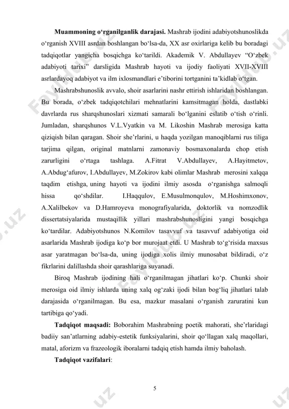 t g‘oyasining metodologik tamoyillari asosida yozildi. shuningdek, y.e.bertels, v.m.jirmunskiy, i.sultonov, v.abdullayev, a.hayitmetov, a.abdug‘afurov, i.abdullayev, a.qayumov, n.komilov kabi olimlarning adabiyot nazariyasi va tarixi bо‘yicha yozgan tadqiqotlari bizning ishimiz uchun muhim nazariy asos bо‘lib xizmat qildi. mazkur tadqiqotni yaratishda tarixiy-qiyosiy metoddan foydalanildi. ishning ilmiy yangiligi. mazkur ishda mashrabshunoslik tarixi, mashrab poetikasi izchil tarzda maxsus о‘rganildi. tekshirishlar jarayonida mashrab lirik merosida aks etgan og‘zaki ijodga xos barcha unsurlar (maqol, matal, aforizm, sо‘z va iboralar)ning tarixiy-badiiy asoslari va genetik ildizlari qadimgi turkiy va forsiy poeziyaga, shuningdek, о‘rta asr tasavvuf she’riyatiga borib tutashishi aniqlangani tadqiqotning ilmiy yangiligini kо‘rsatadi. mashrab lirikasida chuqur mazmun va gо‘zal badiiyat uyg‘unligini ta’minlashda maqol, matal, aforizm, sо‘z va ibora, tarixiy va adabiy personajlar о‘rni ilmiy baholangani, ularni qо‘llashdan kо‘zlangan poetik maqsad tadqiq qilingani ham ishning ilmiy yangiligini tasdiqlaydi. tadqiqot natijalarining ilmiy va amaliy ahamiyati. ilmiy ishning natijalari kelajakda о‘zbek lirikasini, xalq og‘zaki ijodi an’analari tizimini, uning tarixiy taraqqiyotini о‘rganishda, shuningdek, о‘zbek …