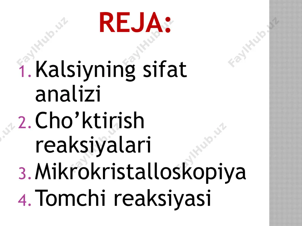 talloskopiya ca ko’pgina reagentlar bilan xarakterli kristallarni hosil qiladi. ca ni ochishda ko’pincha shundan ham foydalaniladi. bulardan gips kristallarni ishqoriy-yer metallari boshqa ionlarni ishtirokida ham ca2+ ni aniqlash imkonini beradi. h2so4 va ishqoriy metal sulfatlari eritmalari ca2+ cho’ktiriladi.bunda oq kristall cho’kma caso4 va srso4 ning mayda kristallaridan farq qiladi. tomchi reaksiyalar ca ning oksalat bilan reaksiyasini tomchi variantlarda ham amalga oshirish mumkin. buyum oynasiga bir necha tomchi, sariq qon tuzi eritmasidan bir tomchi spirt solinadi va oynani yaltiroq qora qog’oz ustiga qo’yiladi va oq kristallarning ca(nh4)2[fe(cn)6] hosil bo’lishi kuzatiladi. bir tomchi suv va bir tomchi tekshirilayotgan eritmadan buyum oynasiga tomiziladi va qora qog’oz ustiga qo’yiladi. ustiga esa bir necha bo’lakcha dioksivino kislota ozazonining dinatriyli tuzidan solinganda cho’kma ajralishi kuzatiladi. boratli va xlorid ammiakli bufer eritmalarda ishqoriy-yer metallari va mg ftalin kompleksonlar bilan qizil binafsha komplekslarni hosil qiladi. filtr qog’ozga 1 tomchi tekshirilayotgan eritmadan 1 tomchi 5 n li nh4cl va …