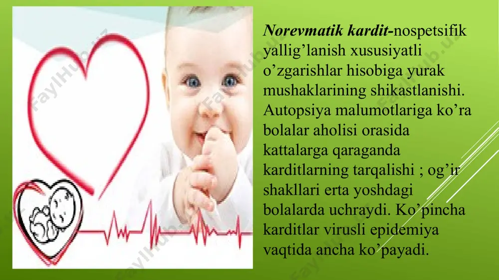 qilishi sodir bo’ladi. ikkilamchi autoantigenlarga javoban antikardial antitanachalar paydo bo’ladi, odatda agressiv. bunday holat hosil bo’lishiga t-supressorlarning past faolligi natijasidir, bu xelper ta'sir hiluvchi va giperstimulyasiyalangan v- limfositlarga bog’liq. avvalo surunkali karditlar (o’z-o’zini tutib turuvchi jarayon, tizimli xususiyatli, yomon sifatli va residivlanuvchi kechishi, terapiyaga rezistentligi) ularning shakllanishida autoimmunn mexanizm haqida oylashni taqozo qiladi. norevmatik karditlar tugma va orttirilgan bo’ladi. kasallik tasnifi uning kechishini aks ettiradi. norevmatik karditlarda jadal boshlanishi bilan kechadigan, yurak-qon tomir yetishmovchiligi mavjud va nisbatan terapiyaga moyil o’tkir kechish turlarini ajratish mumkin.o’tkir osti karditlar ba'zi hollarda xuddi o’tkirdek boshlanishi mumkin, lekin 18 oygacha davom etadi, boshqa qo’llarda kasallikning ancha engil kechishi va sekin-asta rivojlanishi bo’lishiga mumkin (birlamchi o’tkir osti kechishi).davomli surunkali kardit (18 oydan ko’p) ba'zi bemorlarda o’tkir yoki o’tkir osti boshlanish xarakeriga ega, boshqalarida esa u kuzatilmaydi (birlamchi surunkali kechish).tug'ma karditlar ham o’tkir va o’tkir osti kechish xususiyatlariga ega. kardit og’irligi kompleks klinik-instrumental ma'lumotlar: yurak o’lchamlari, yurak …