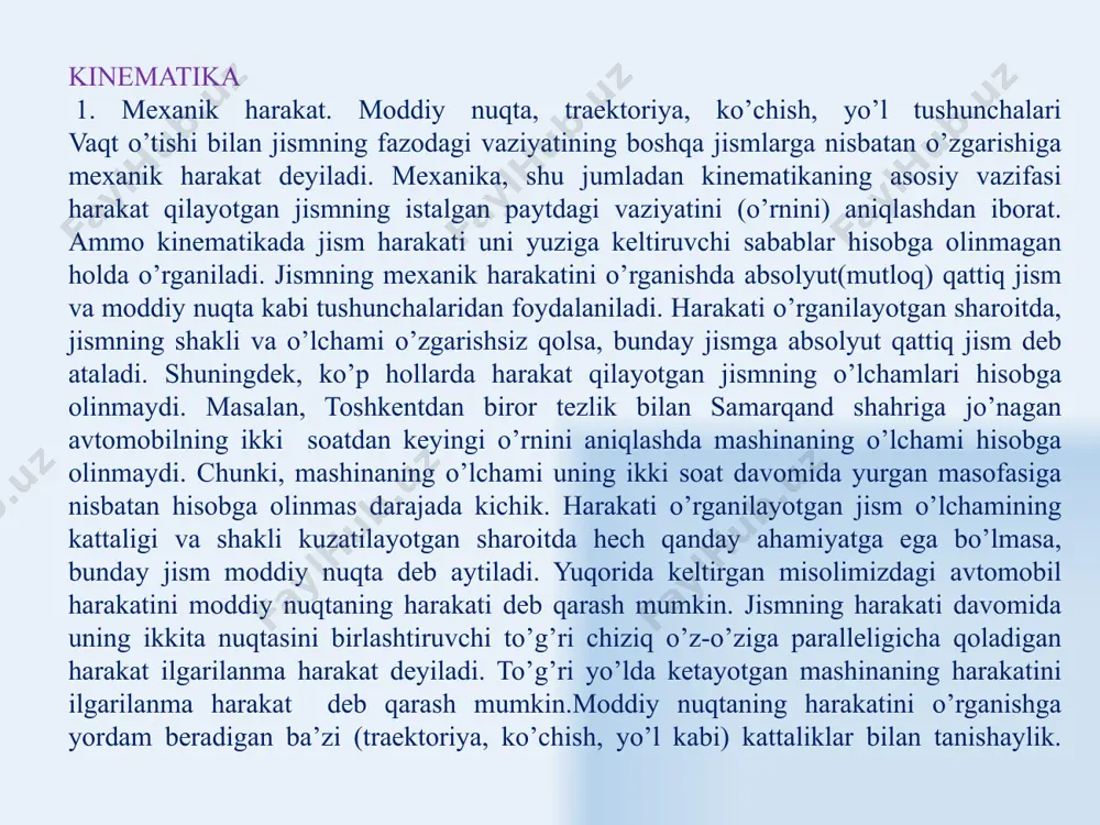 b o’tgan yo’li nimaga teng? berilgan: l1=400m, l2=300m, s = ? yechish: uzunligi l1 bo’lgan poyezd, uzunligi l2 bo’lgan ko’prikdan to’liq o’tishi uchun uning bosib o’tgan yo’li ga teng bo’lishi kerak l1 l2 yechish: uzunligi l1 bo’lgan poyezd, uzunligi l2 bo’lgan ko’prikdan to’liq o’tishi uchun uning bosib o’tgan yo’li ga teng bo’lishi kerak demak, poyezd ko’prikdan to’liq o’tishi uchun uning bosib o’tgan yo’li ___ ga teng bo’lishi kerak. javob: 700 m 3 2. sportchi uzunligi 400 m bo’lgan yugurish yo’lakchasini 2 marta aylanib chiqib, start berilgan joyga qaytib keldi. bu harakatda sportchining bosib o’tgan yo’li l va uning ko’chish moduli | | nimaga teng? berilgan: l=400m, n=2, l=?, | |=? yechish: sportchi uzunligi l bo’lgan yugurish yo’lakchasini n marta aylanib chiqqanligi uchun uning bosib o’tgan yo’li l=n*l=2*l=2*400m=800m ga teng. ko’chish tarifiga ko’ra sportchining boshlang’ich va oxirgi vaziyatlari ustma-ust tushmoqda. shuning uchun uning ko’chishining moduli | |=0 ga teng bo’ladi . …